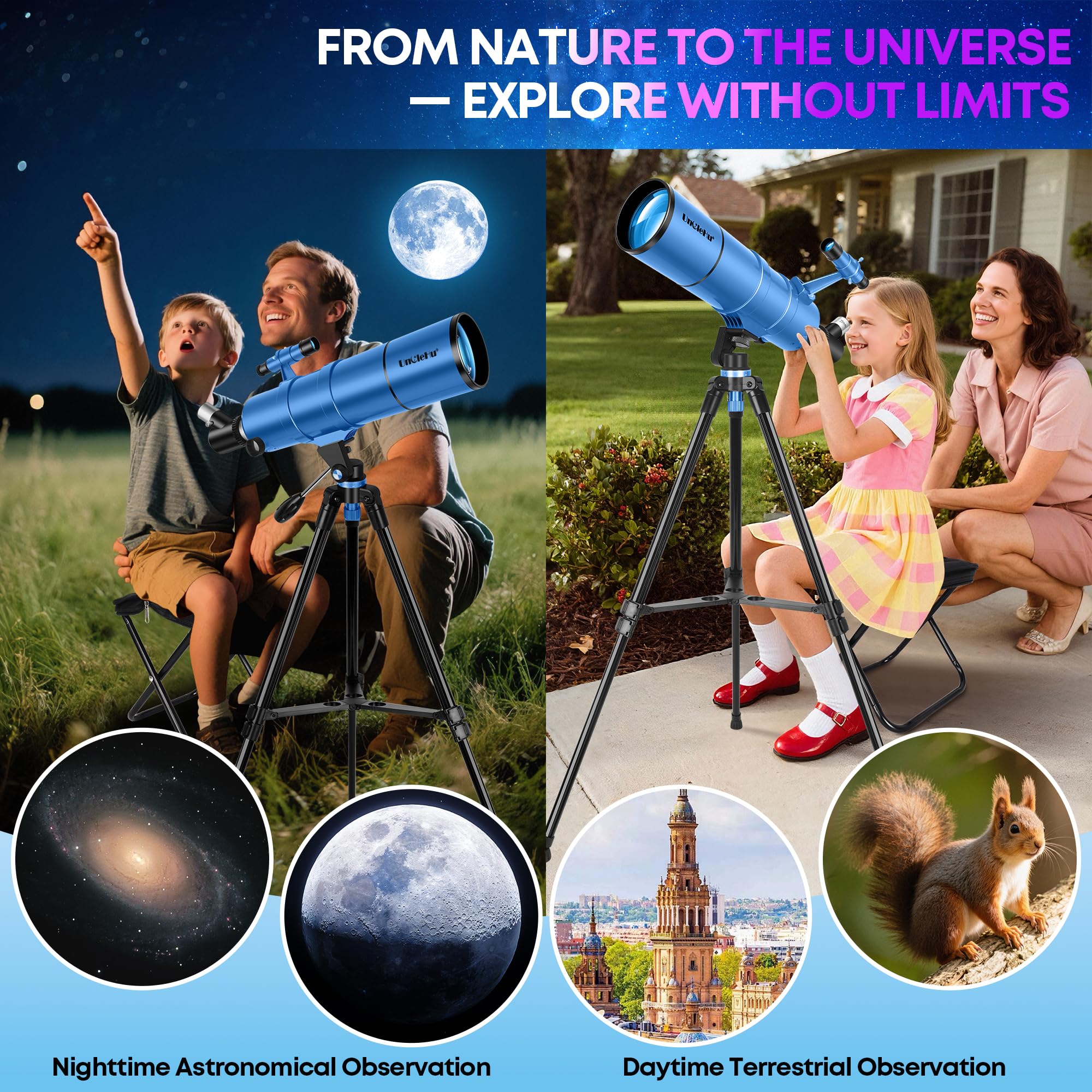 UncleHu Telescopio Astronomico Per Adulti E Bambini Principianti, 22X-165X, Telescopio Riffrattore Astronomico 90/550mm Con Sgabello Pieghevole&Treppiede&Adattatore Per Smartphone E Borsa Da Trasporto