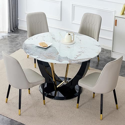 Miniatura 48 de JUFU Juego de mesa redonda de comedor para 6 con sillas, juego de mesa y sillas de 48" compuesto por 6 piezas con superficie de mármol y asiento