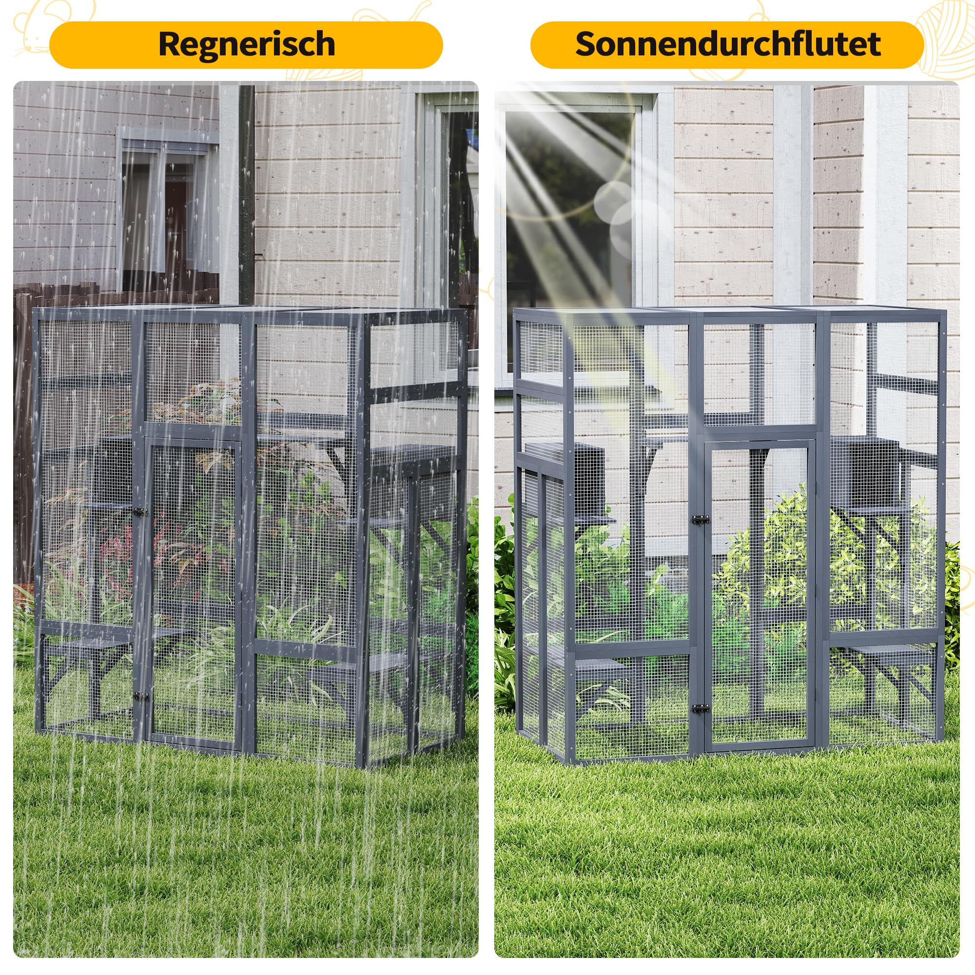 Catio Zewnętrzny wybieg dla kotów, duży wybieg dla kotów, 159 x 82 x 178 cm, domek dla kotów z mostami, spacerami, małymi domkami, zadaszeniem (kolor ciemnoszary)
