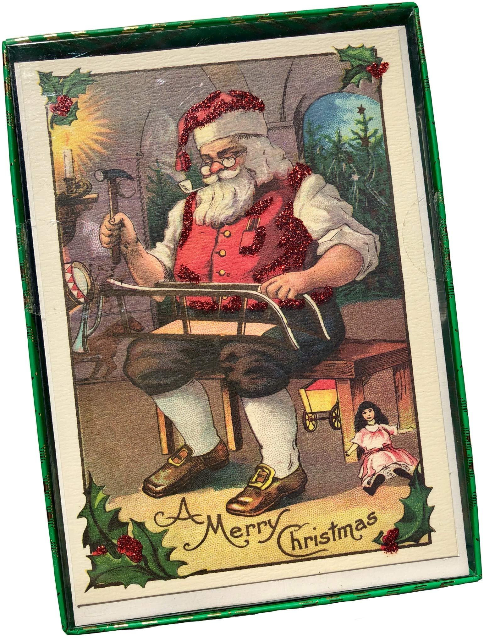 GraphiqueSanta Making Sled Signature Boxed Cards - Set of 15 Cards with Envelopes and Storage Box – Timeless Holiday Design Printed on Textured Cardstock – Cards Measure 4.75" x 6.625”