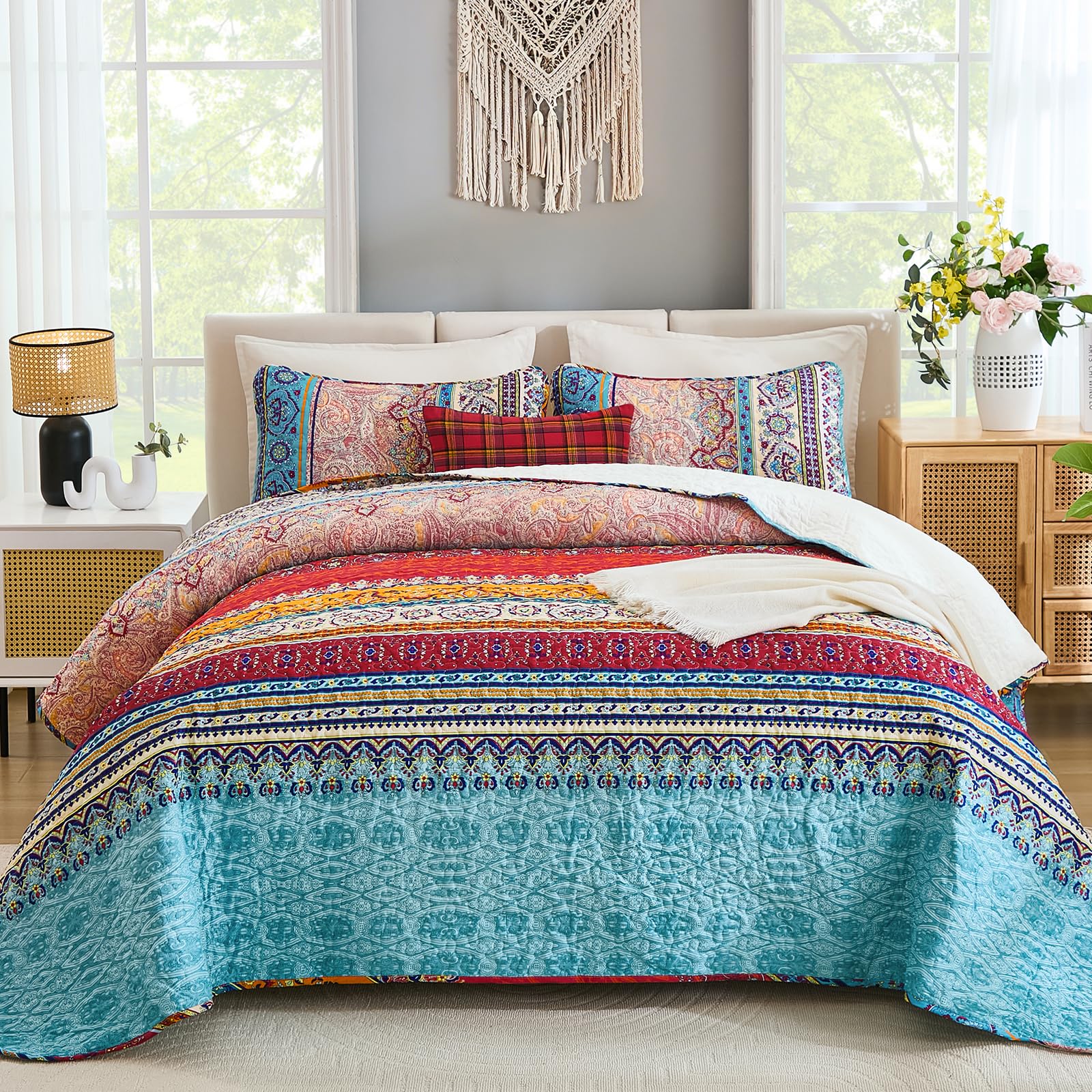 WONGS BEDDING Bohemian Quilt Set King Size, Boho Striped Printed Bedding Bedspread Coverlet Set for All Season, Lightweight Microfiber Quilts with 2 Pillowcases 104"x90" (3 Pieces, Colorful)