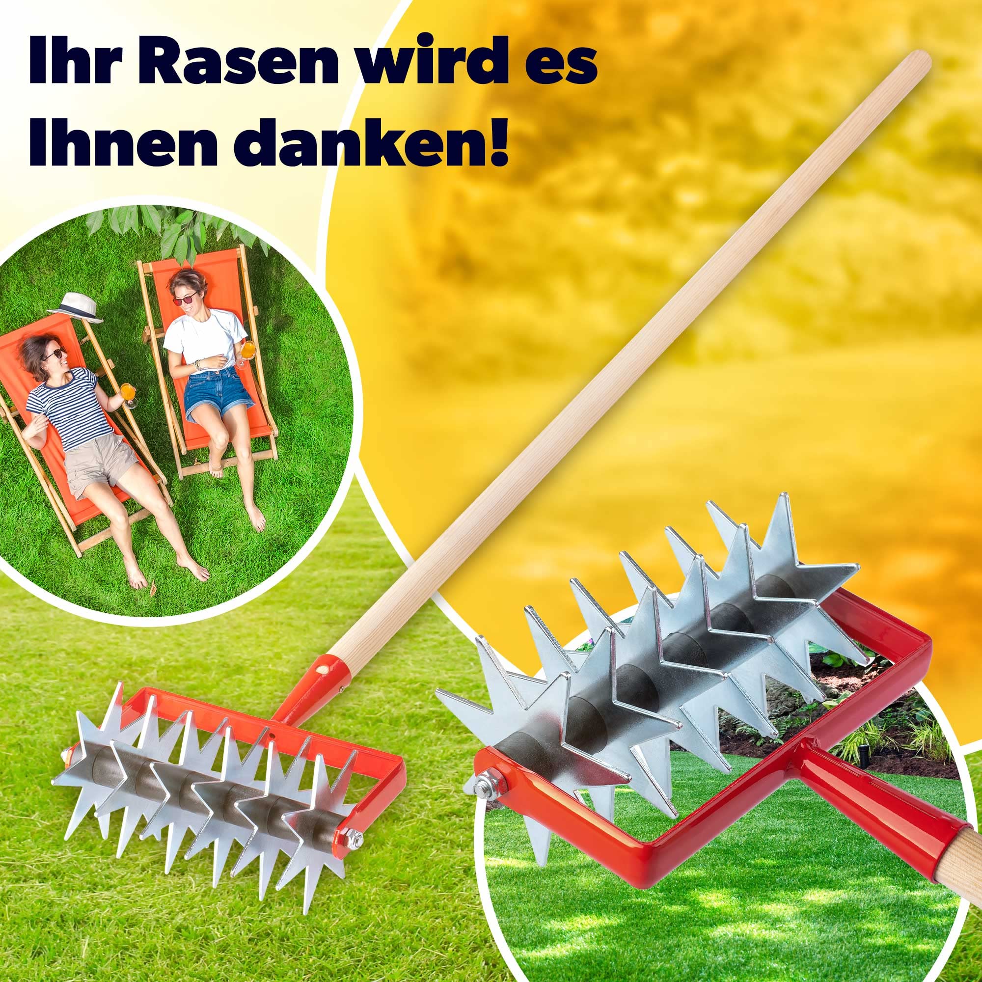 KADAX Sternfräse, Gartenfräse aus Metall, Krümler zum Lockern des Bodens, Kultivator für Garten, Rasen, Unkraut, Rollhacke, Bodenkrümler, Rollkultivator, Bodenlüfter (mit 6 Sternen, Holzstiel)