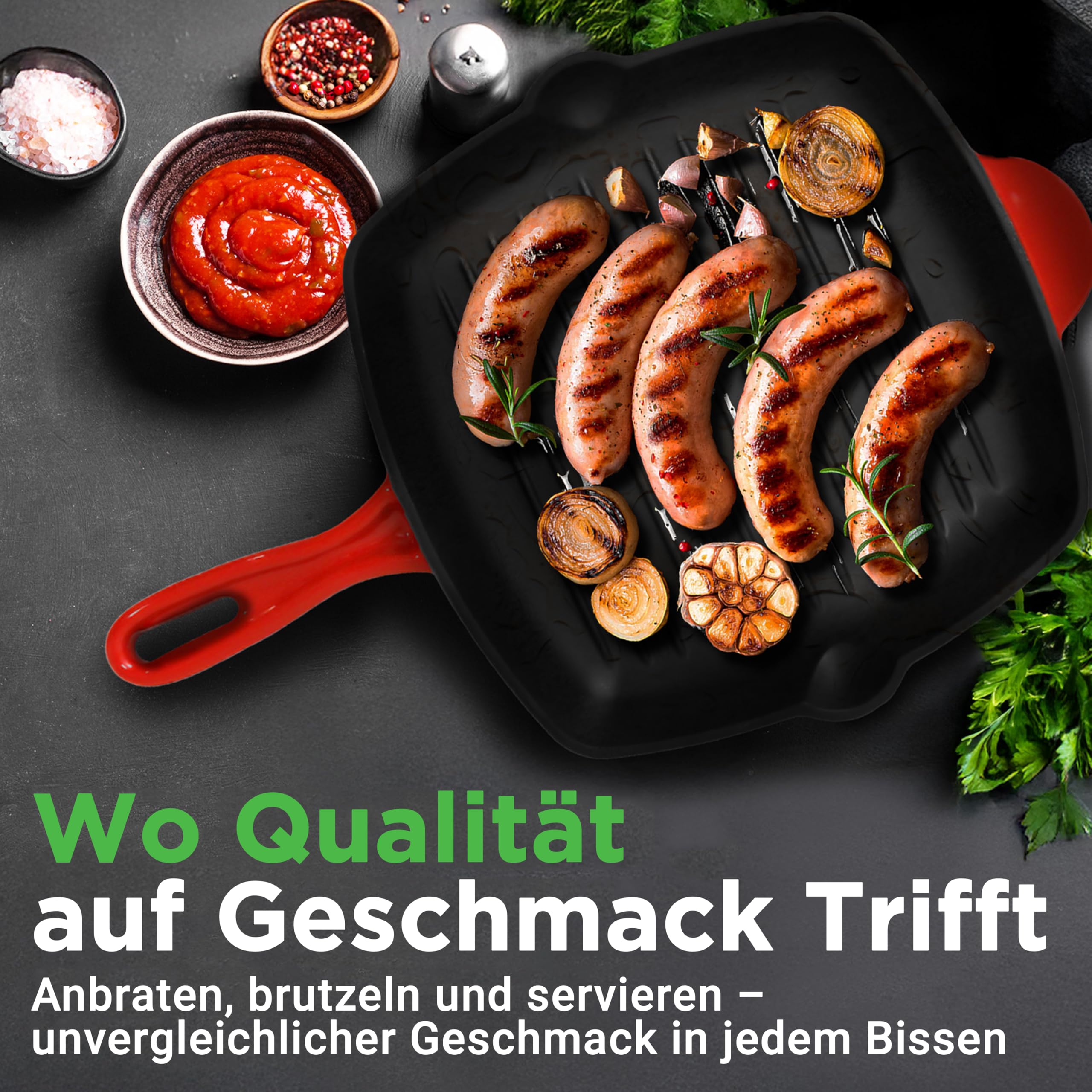 NutriChef Grillpfanne, 29x29cm mit Ausguss, Steakpfanne-Gerillt, Emailliert