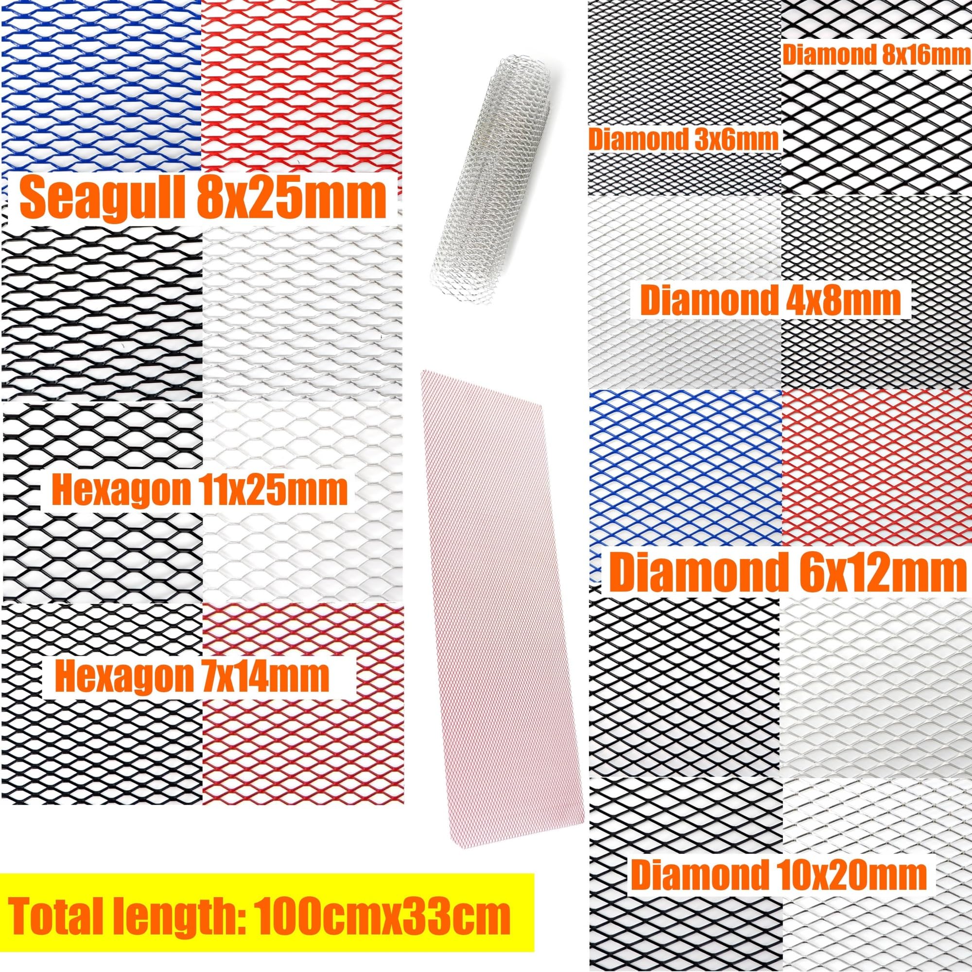 100x33cm Aluminiowa kratka zderzaka samochodu wyścigowego Siatka kratki wentylacyjnej Czarny Srebrny Czerwony Niebieski Tuning Protector Dom Ogród Kratka samochodowa(Sil Hexagon 6x6mm)