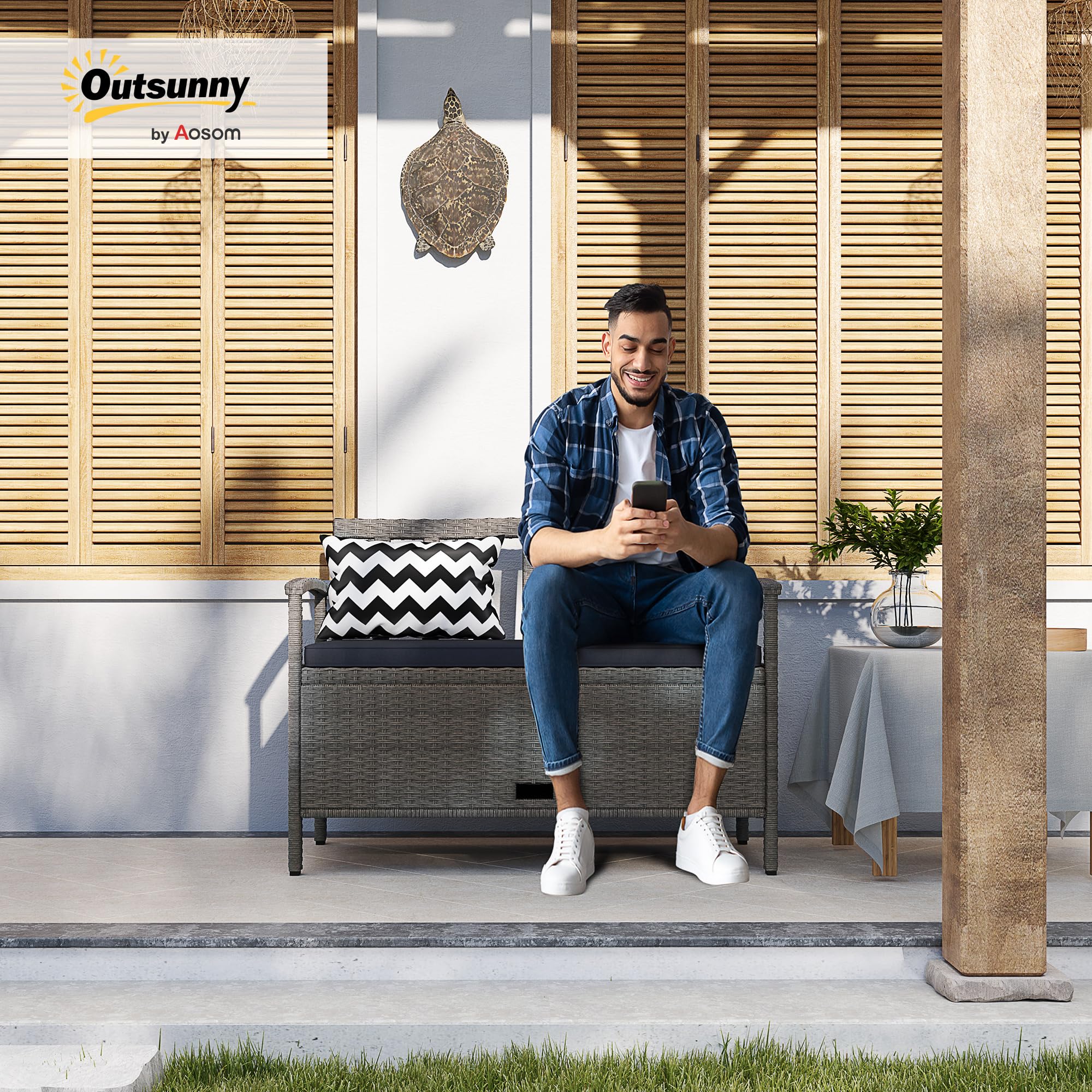 Outsunny Banc Extérieur Jardin 2 Places Banc de Rangement 160L 112 cm Gris | en Rotin PE, avec Coussin, 2 Oreillers, Cadre en Acier