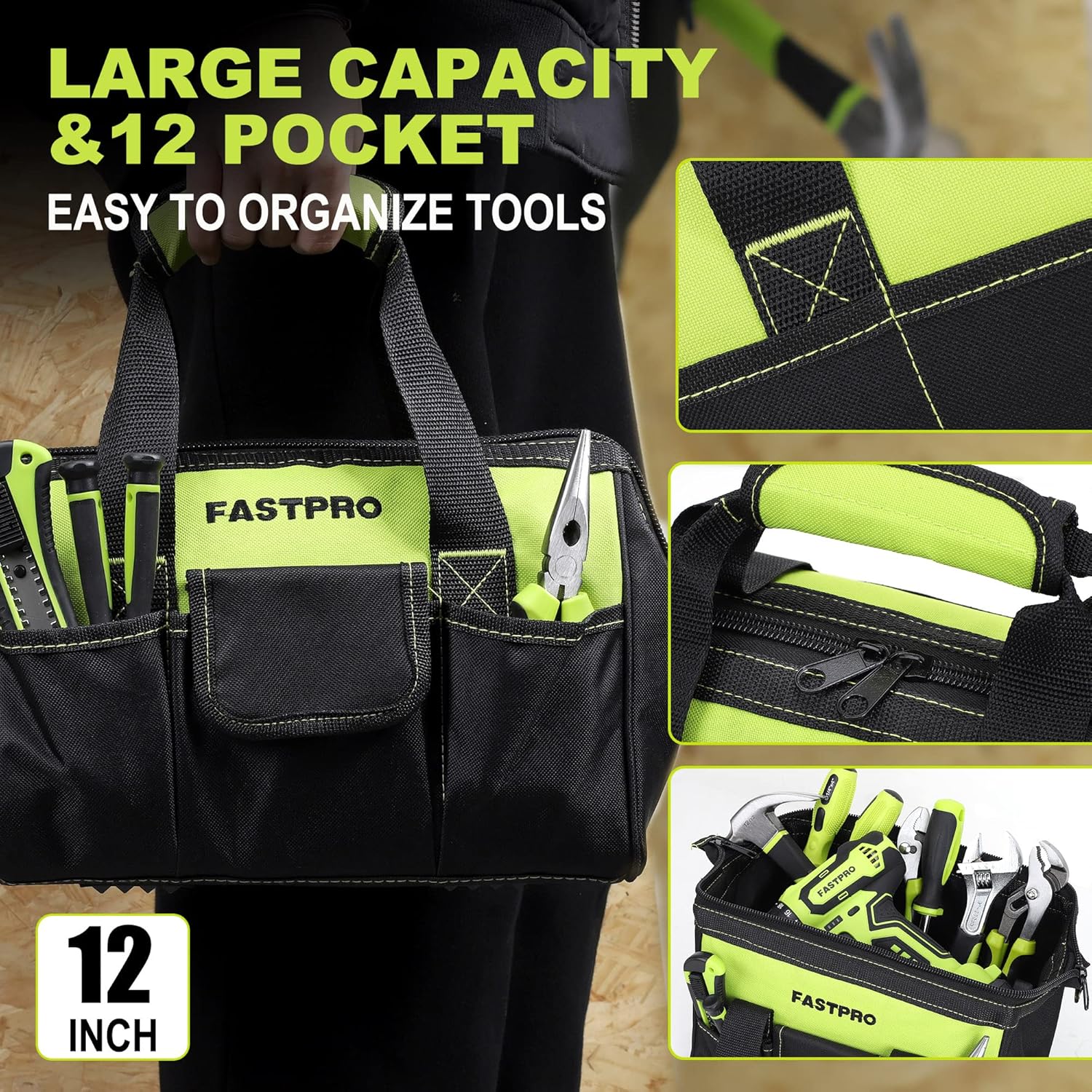 FASTPRO 220-Piece Home Tool Set, Household Repairing Tool Kit, with 12-Inch Wide Mouth Open Storage Tool Bag, Green - - 