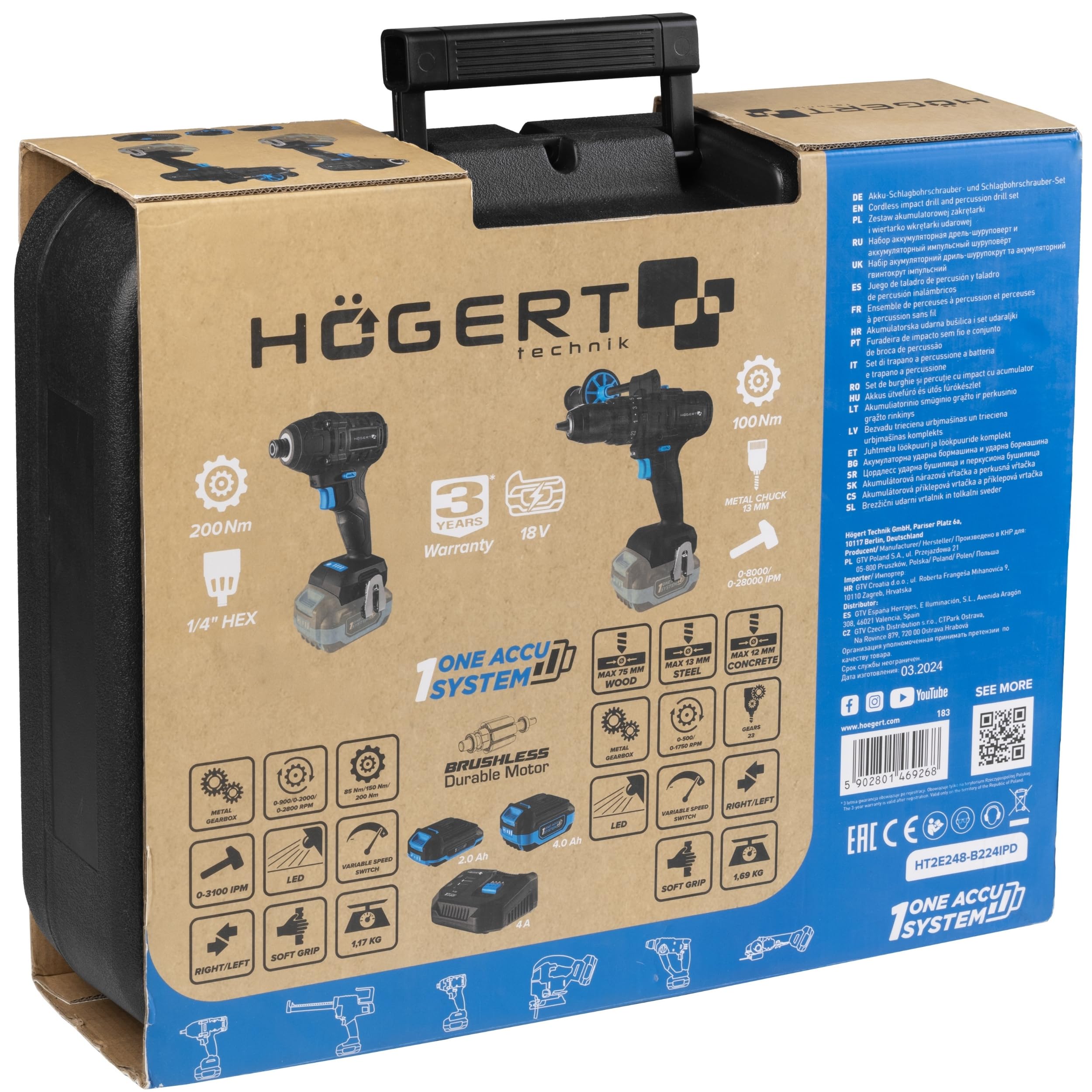 HÖGERT TECHNIK Set de taladro percutor a batería 18V, 200 Nm y 100 Nm, 2 atornilladores de impacto sin escobillas, 2 baterías, cargador 4A, iluminación LED, engranaje metálico, para madera y metal