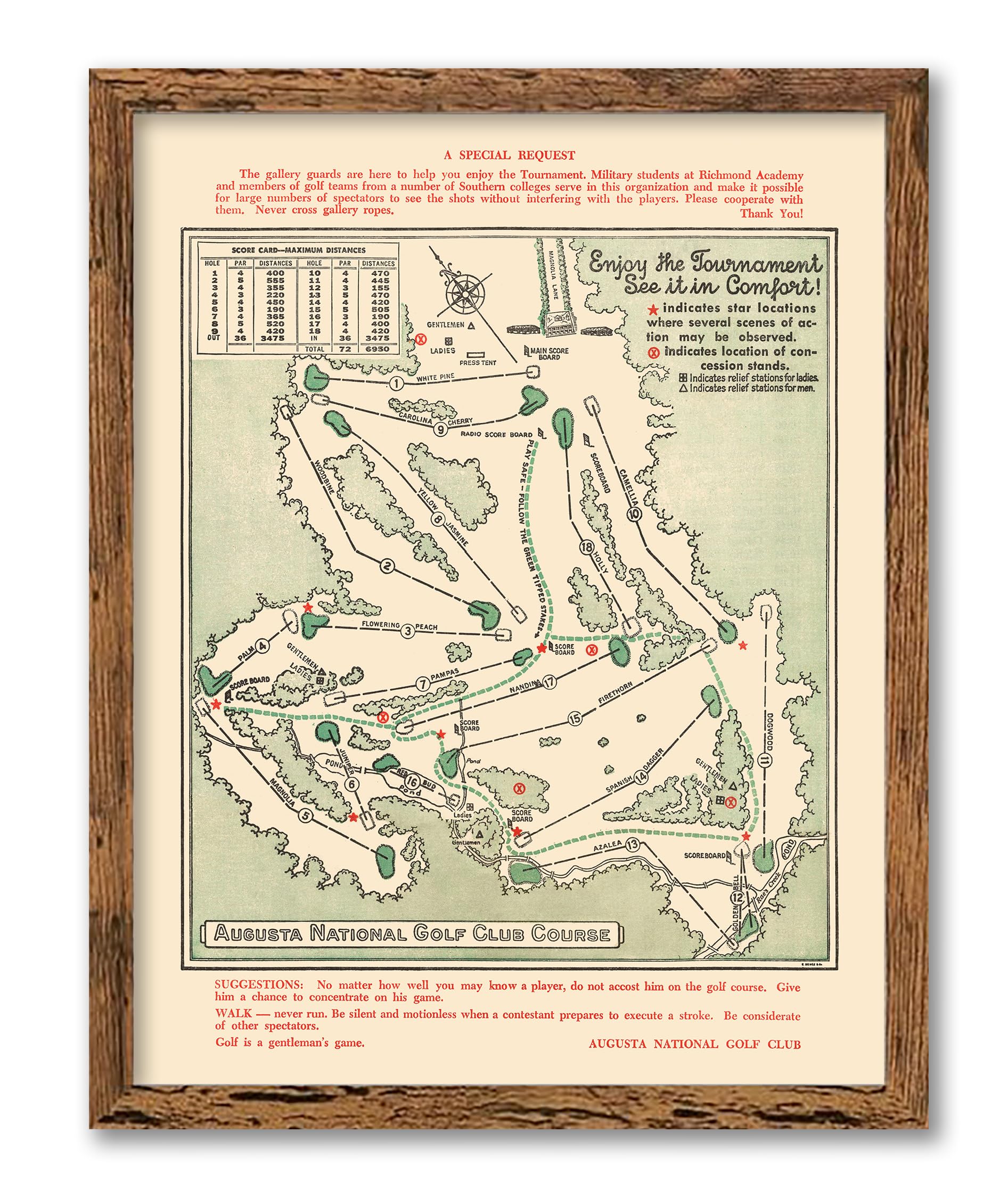 Historic Pictoric Augusta National 1954 Course Map 11x14