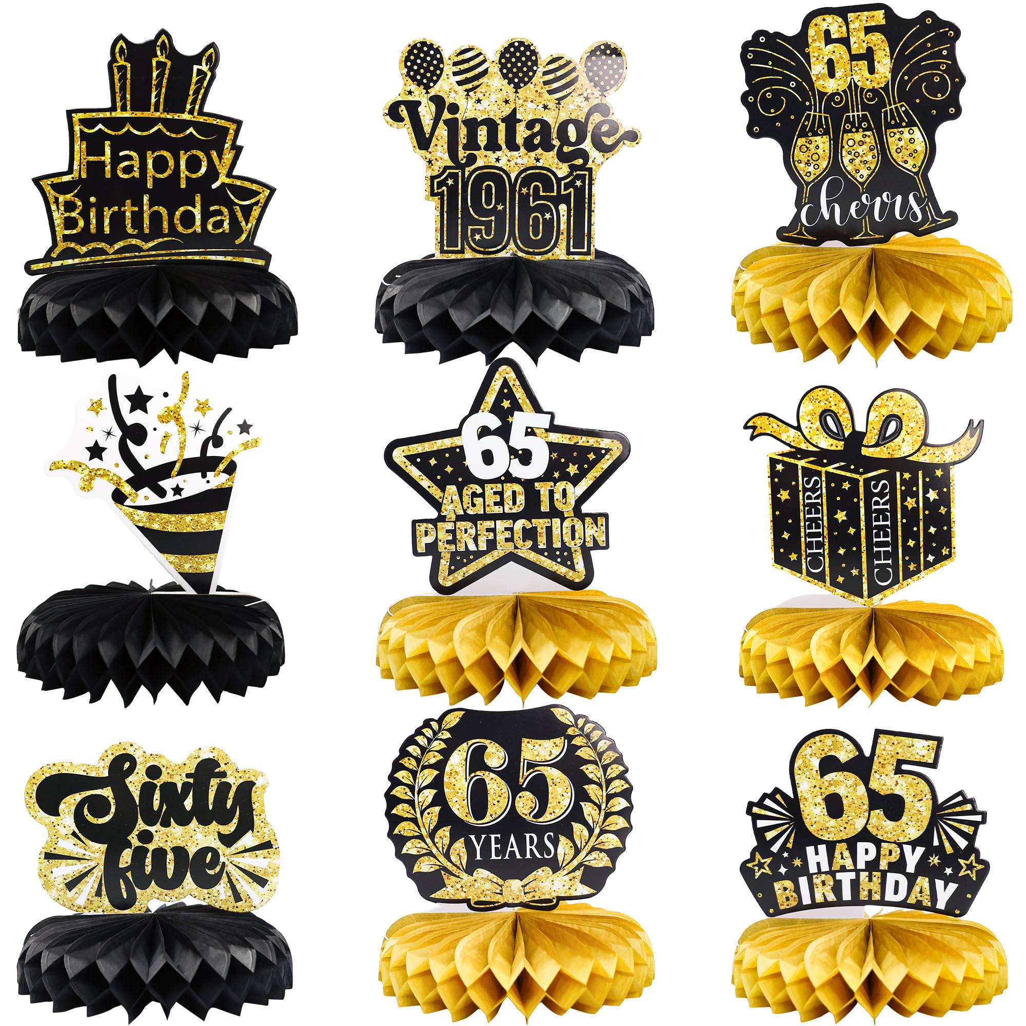 Gyufise 9 Pack 65th Birthday Decoration for Men Women 65th Birthday Table Decorations Cheers to 65th Birthday Honeycomb Centerpieces 1961 Table Topper Black and Gold 65th Birthday Party Favors