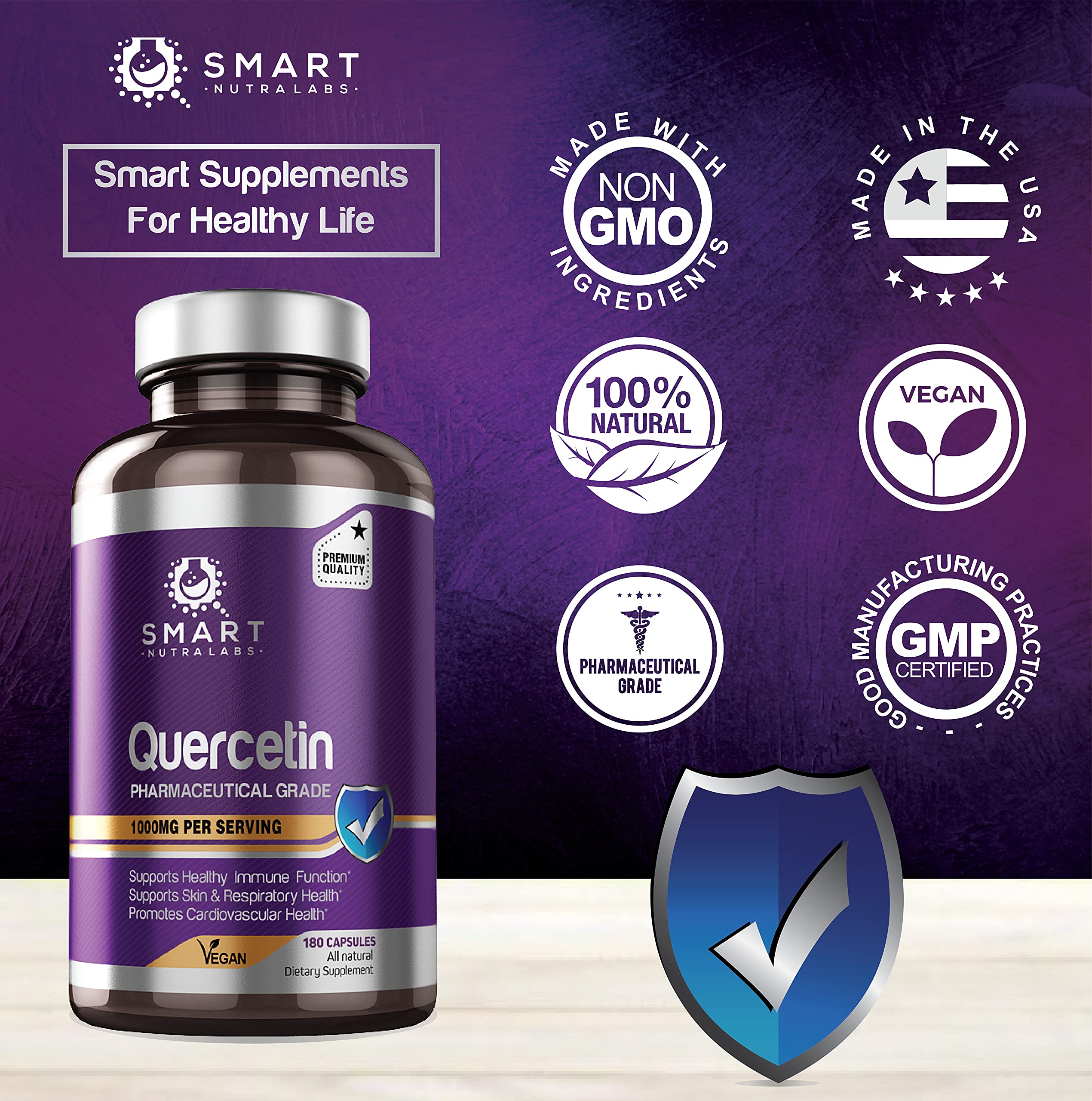 Quercetin 1000mg 180 Vegan Capsules, 100 Pure Pharmaceutical Grade