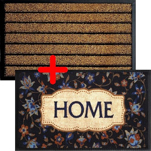 Paquete de 2 alfombrillas para puerta al aire libre, extra duraderas de goma a rayas para exteriores y ultra absorbentes para interiores