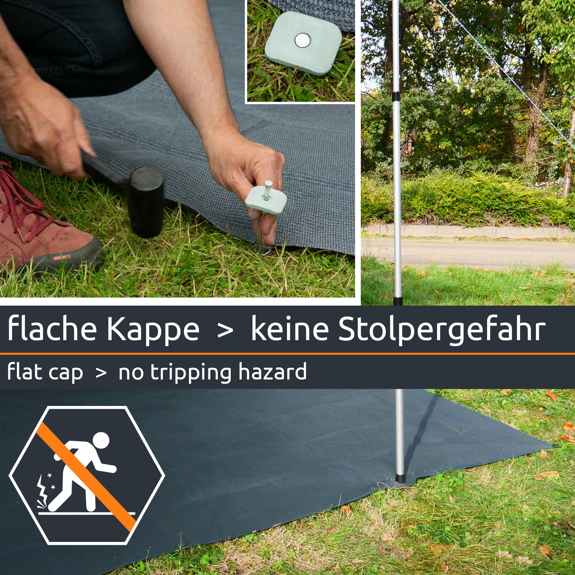 your GEAR Tapis doux d'extérieur - 8 tailles de 200 x 300 à 300 x 600 cm - Tapis d'auvent doux - Tapis de tente - Tapis de camping avec clips, piquets et sac de transport - Découpable - 3 x 6 cm