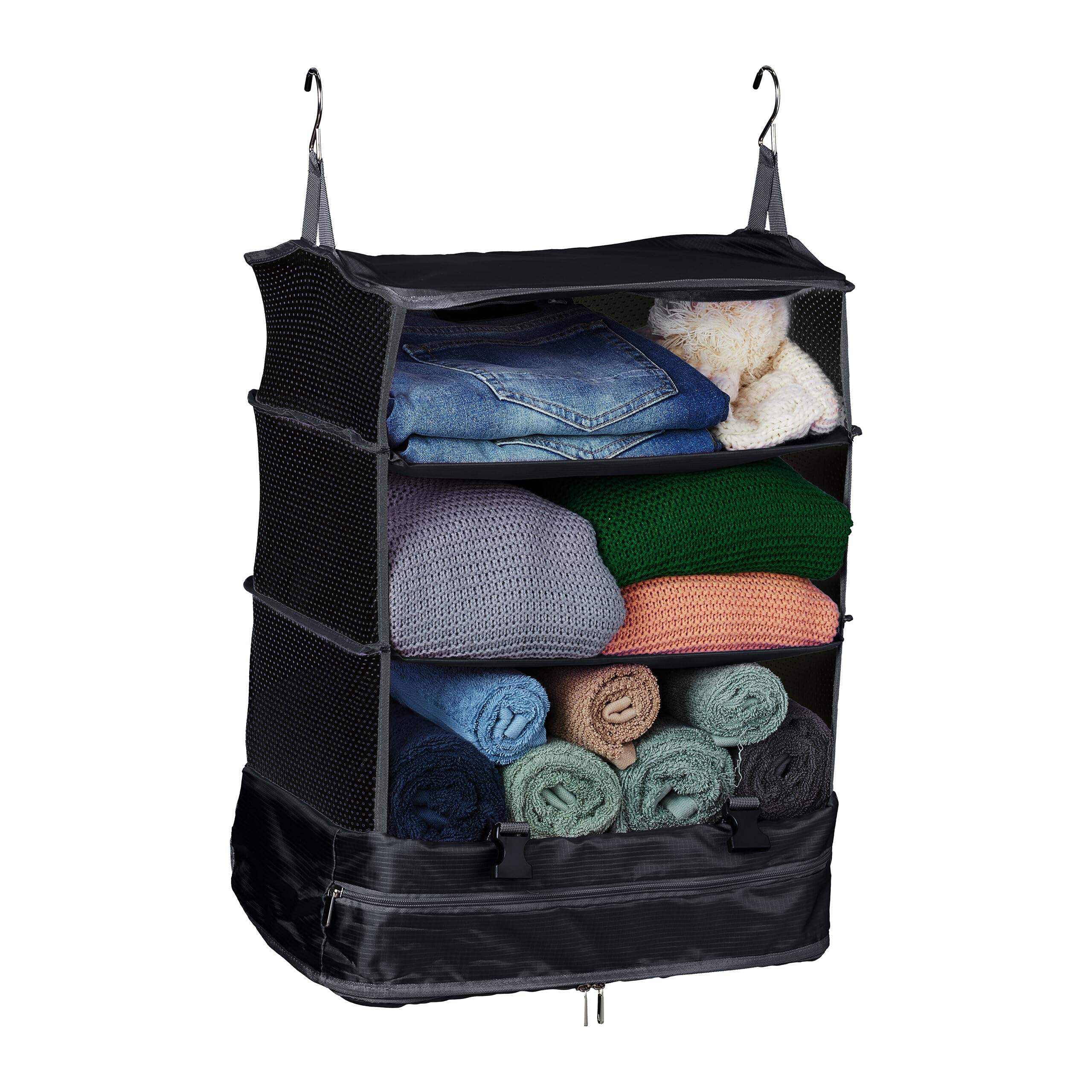 Relaxdays Hanging Luggage Organiser, 55x44x30 cm, Folding Suitcase Carry-On Storage, 4 Compartments, Packing Cube, Black