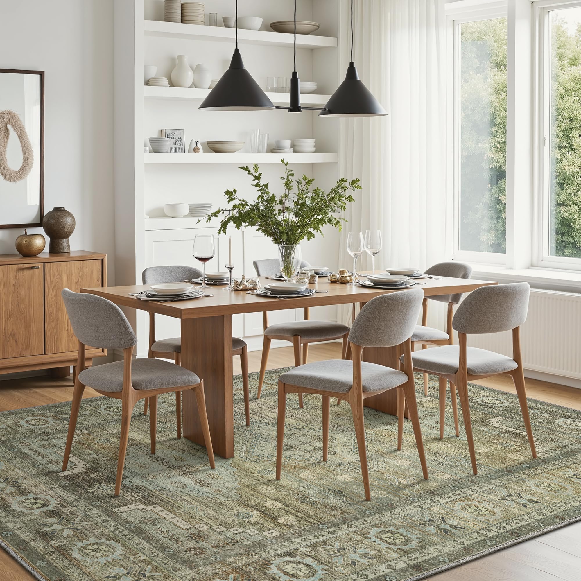 GENIMO Rugs Living Room 120x170cm,Green Washable Vintage Carpet With Non Slip Backing,Thin Floral Print Area Rug for Living Room Bedroom - Image 2