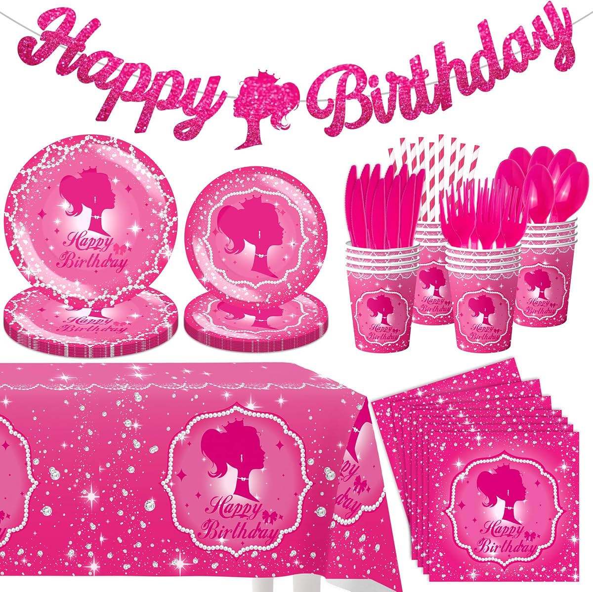 162-Piece Hot Pink Birthday Tableware Set for 20 Guests | Includes a birthday banner, paper plates, cups, straws, napkins, utensils and a tablecloth for a coordinated party.