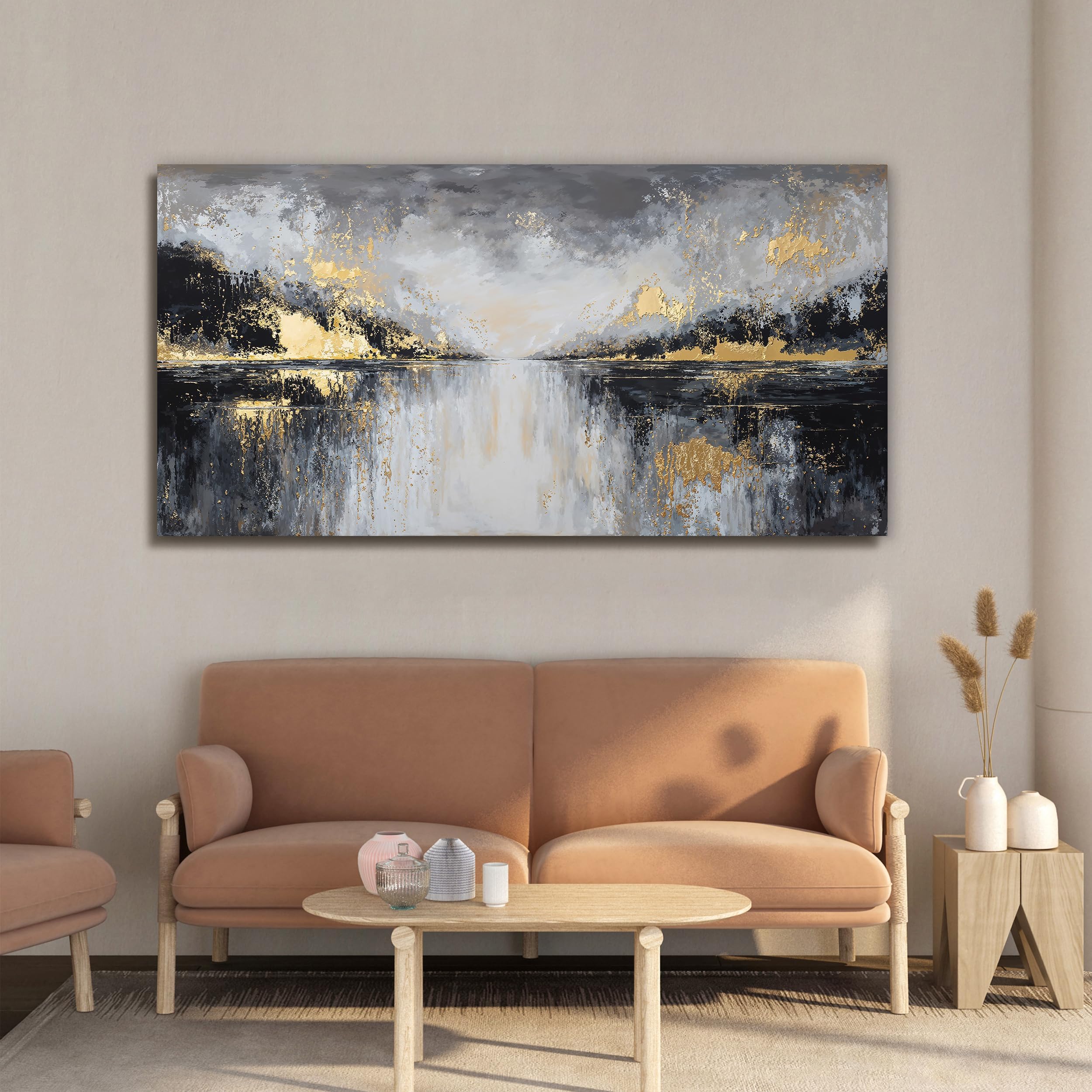 Aefouu Inner Frame Canvas Wall Art Black And Gold Walls Decor Abstract Wall Art For Living Room Modern Abstract Home Artwork Prints Bedroom(70X140cm/28X55in/Internal Frame)