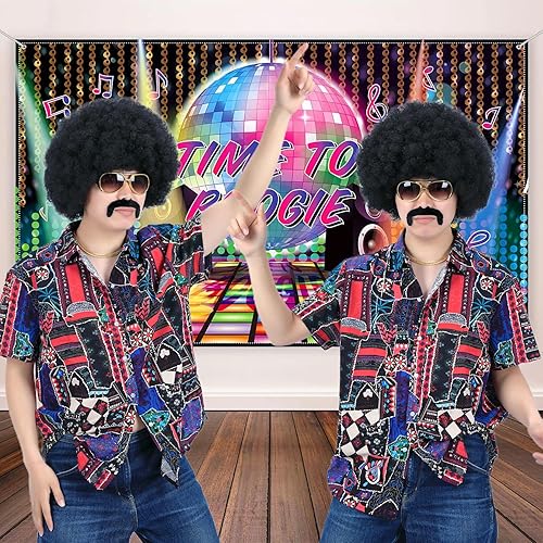 Miniatura 2 de morvally Peluca negra afro de los años 70 para hombres con cadena de gafas y bigote para hombre, pelucas cortas negras rizadas para disfraz de disco