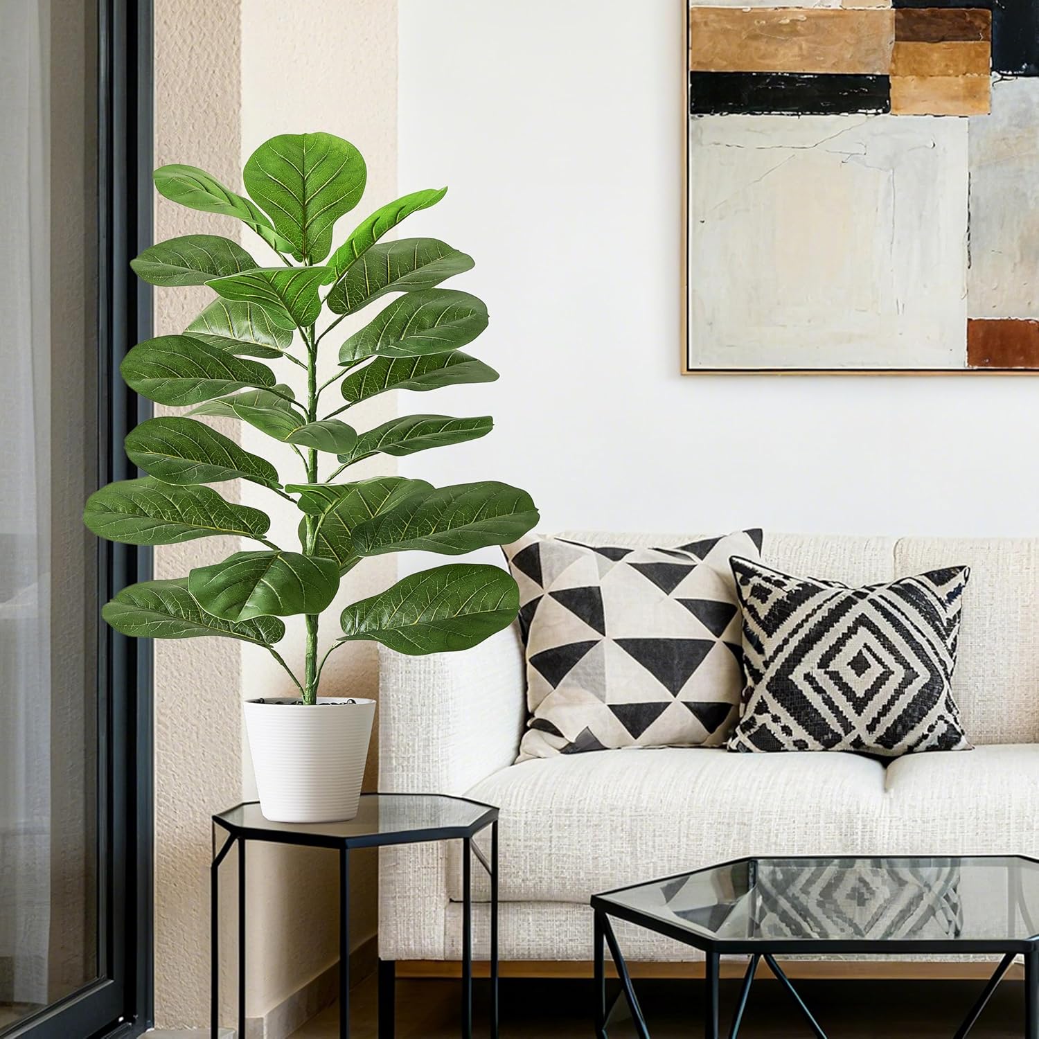2.5FT Artificial Fiddle Leaf Fig Trees, Set of 2 –30" Faux Ficus Lyrata Plant Fake Fig Tree Lifelike Fig Plant Silk Leaves in White Planter with Pebbles for Indoor Outdoor Decor Shelf Cabine - Image 7