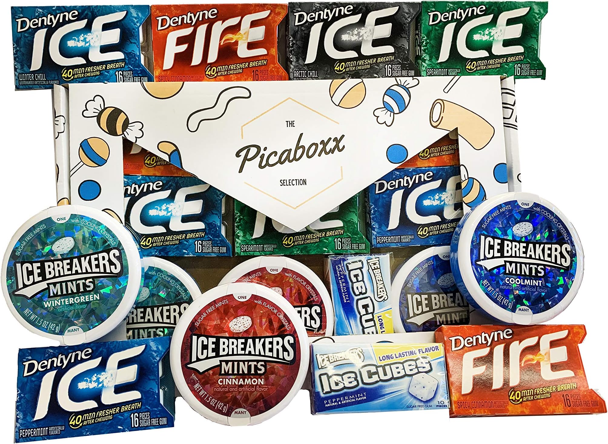 Picaboxx Gums & Mints American Candy Selection Gift Box ★ 10 Products Value Pack ★ American Candy Hamper ★ Sweet Gift Box with Display Window
