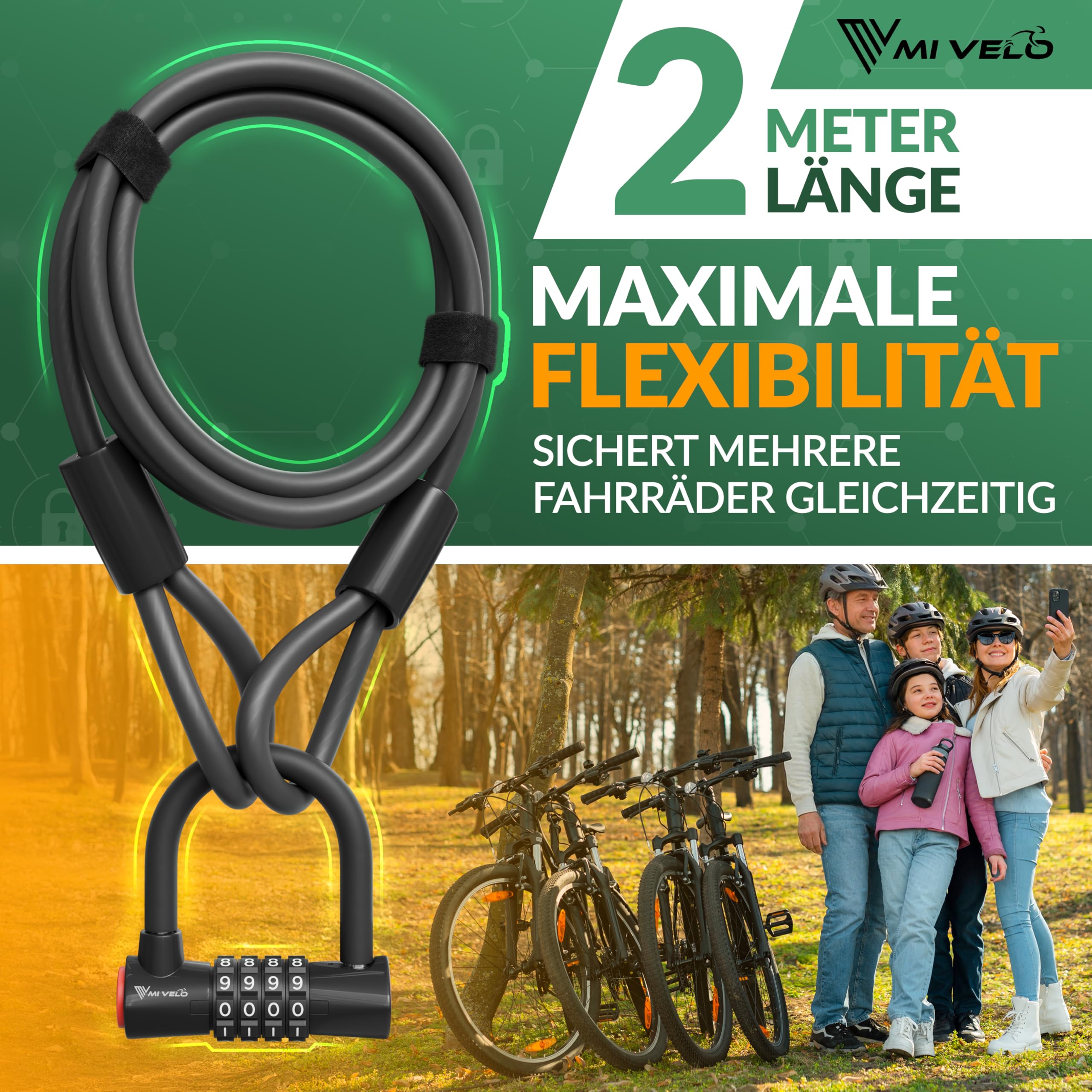 MIVELO Fahrradschloss Kabelschloss 2M lang mit Zahlencode - Schloss mit Stahlkabel für Fahrrad, Gartenmöbel uvm. - 200cm Zahlenschloss mit 10.000 möglichen Kombinationen (2 Meter mit Zahlencode)