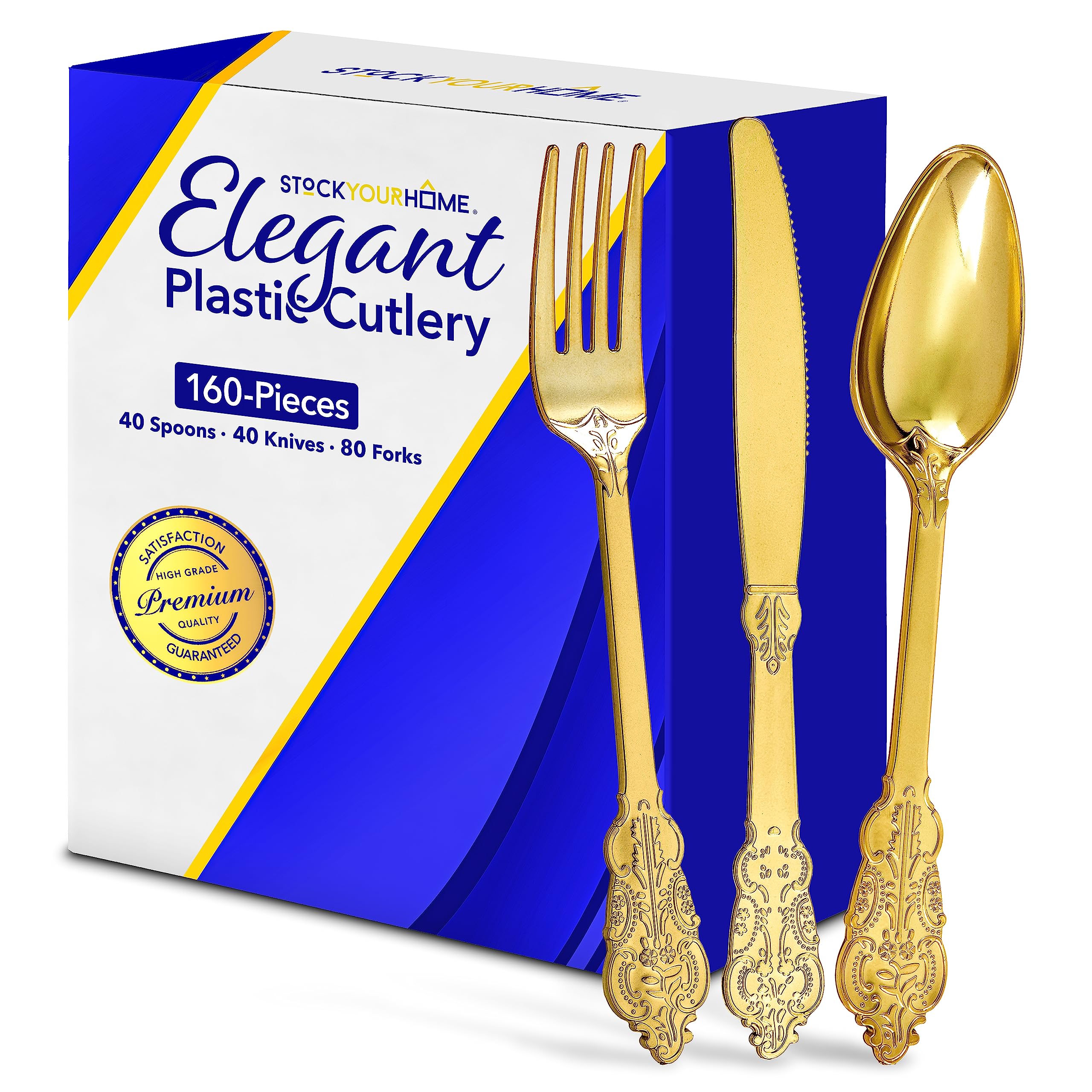 160 Pcs Gold Plastic Silverware Set- 80 Gold Forks, 40 Gold Spoons, 40 Gold Knives, Heavy Duty Disposable Utensils, Heavyweight Cutlery, Elegant Flatware for Dinner Party, Wedding, Holiday Parties