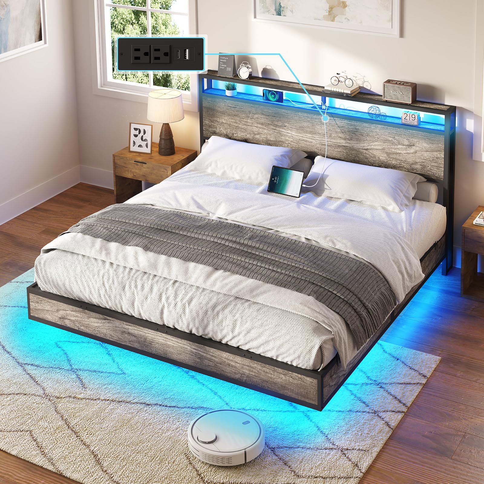 AMERLIFE King Size Floating Bed Frame with 2-Tier Storage Headboard, Metal Bed Frame with Charging Station & LED Lights, No Box Spring Needed, Rustic Grey