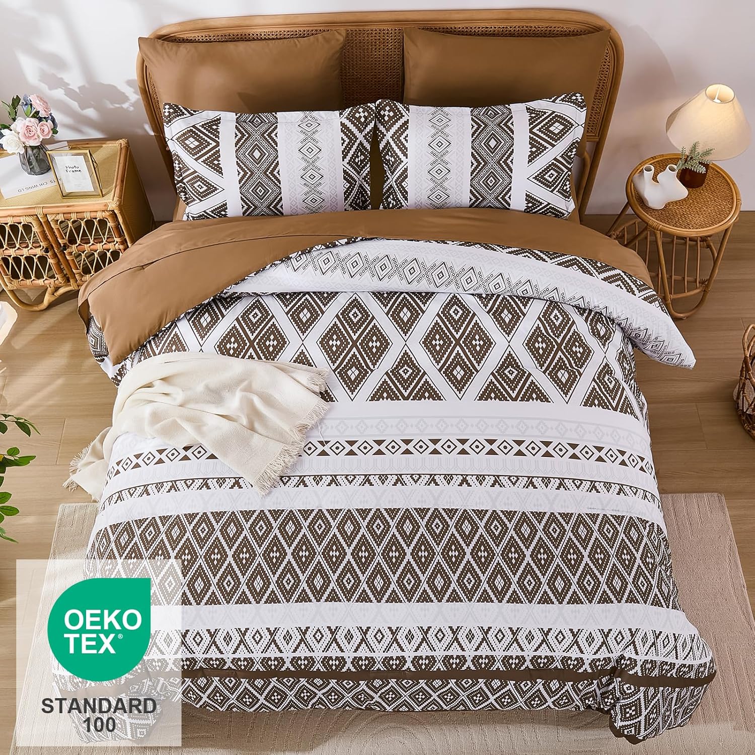 Luxudecor Brown Comforter Set Queen Size 7 Pieces,Boho Aztec Comforter with Sheet Set,Geometric Striped Pattern Bed in a Bag,Soft Microfiber Bed Set 90"x90" - Image 3