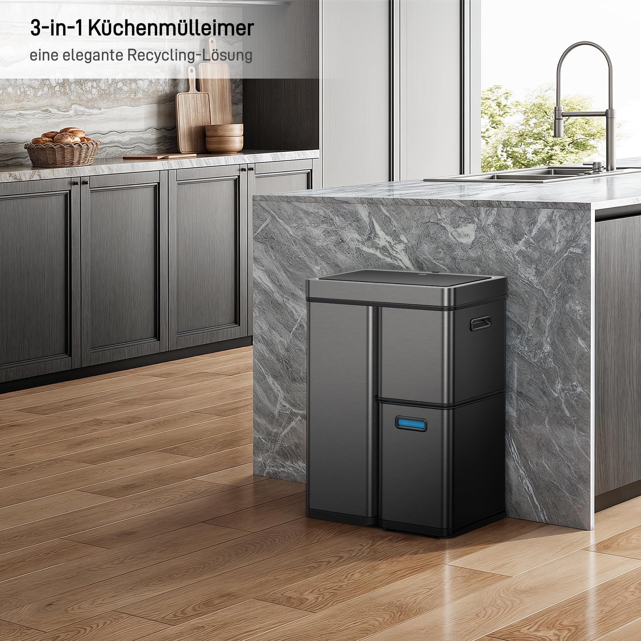 EKO Mirage Plus system segregacji śmieci z 3 przegródkami, 2 x 15 l i 30 l, kosz na śmieci z recyklingu, z czujnikiem, 3 pojemniki wewnętrzne z tworzywa sztucznego, automatyczny kosz na śmieci z