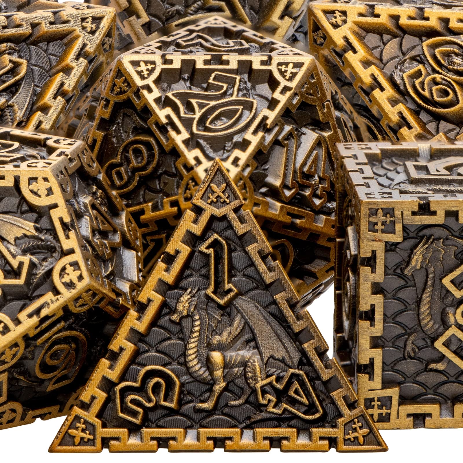 Polyedrisches DND-Würfel-Set Dungeon und Drache für MTG Pathfinder RPG Rollenspiel, D20, D12, D10, D8, D6, D4 (Farbe: goldfarbene schwarze Zahlen)