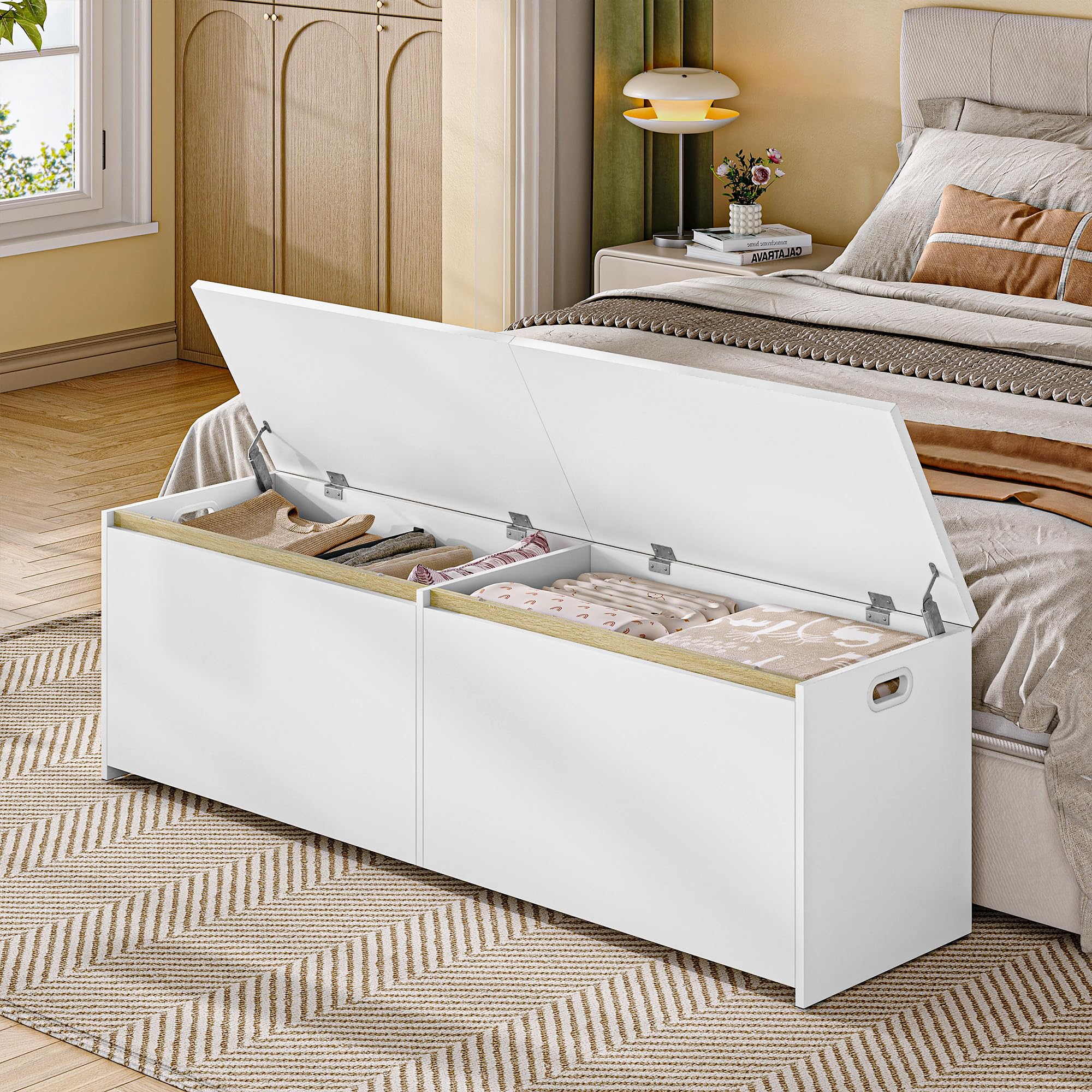 Hzuaneri 150cm Panca Contenitore, Cassapanca con doppia anta, Panca portaoggetti Salvaspazio, per Soggiorno, Ingresso e Camera da Letto, 40 x 150 x 47 cm, Bianco SB21503X