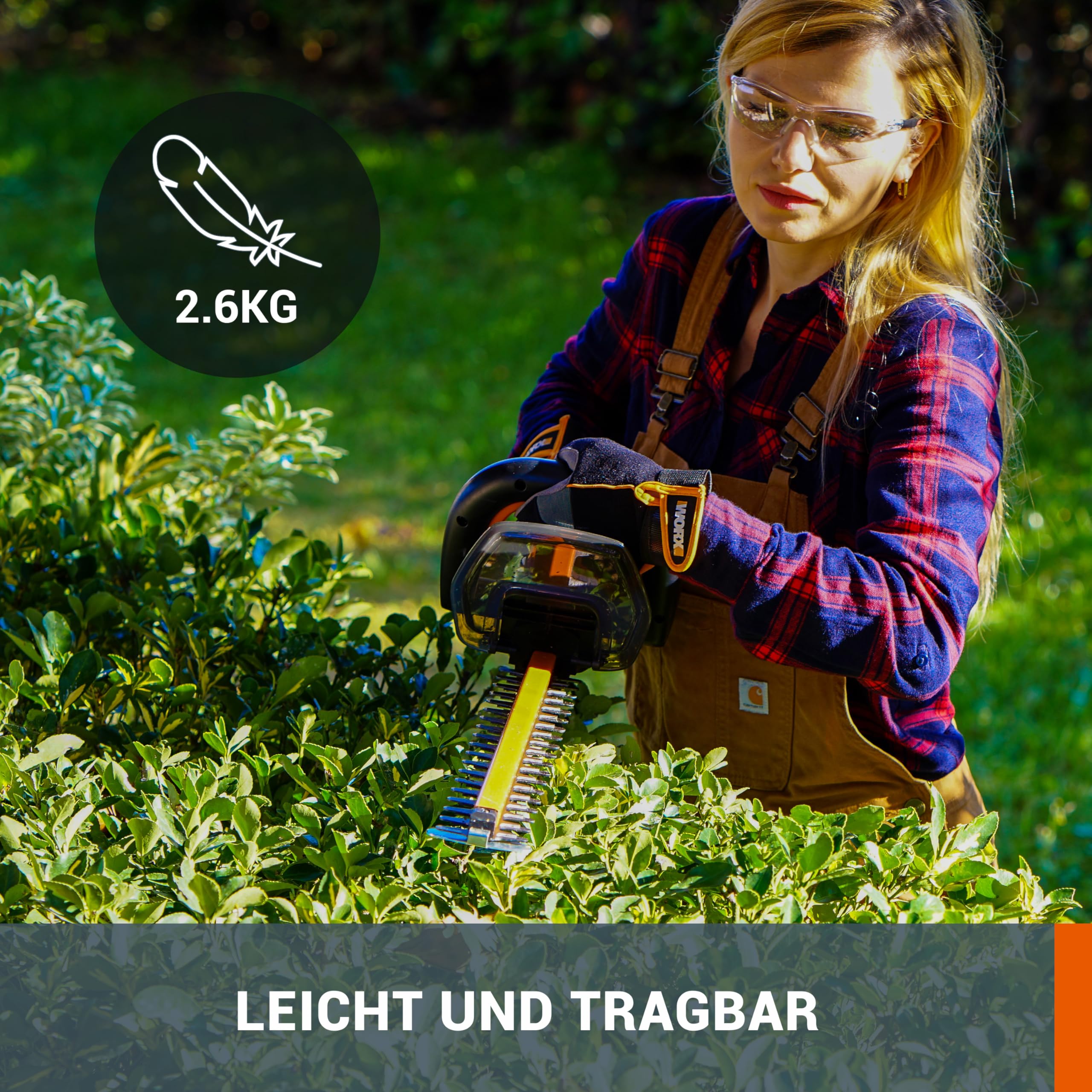 WORX WG264E.9 Akku-Heckenschere 20V - effizienter & präziser Schnitt durch hochwertige Doppel Klinge - 56 cm Schwertlänge – 20mm Zahnabstand - Messerspitzenschutz - ohne Akku & Ladegerät