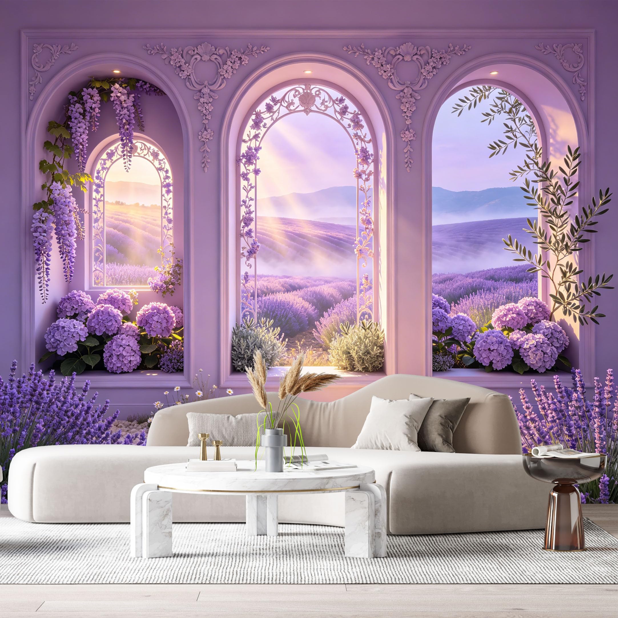 Custom Size Wall Murals Provence Lavender Field Arch Window 3D Trompe L'Oeil SelfAdhesive Wall Fabric Removable Large Wallpaper for Photo Living Room Interior Decor