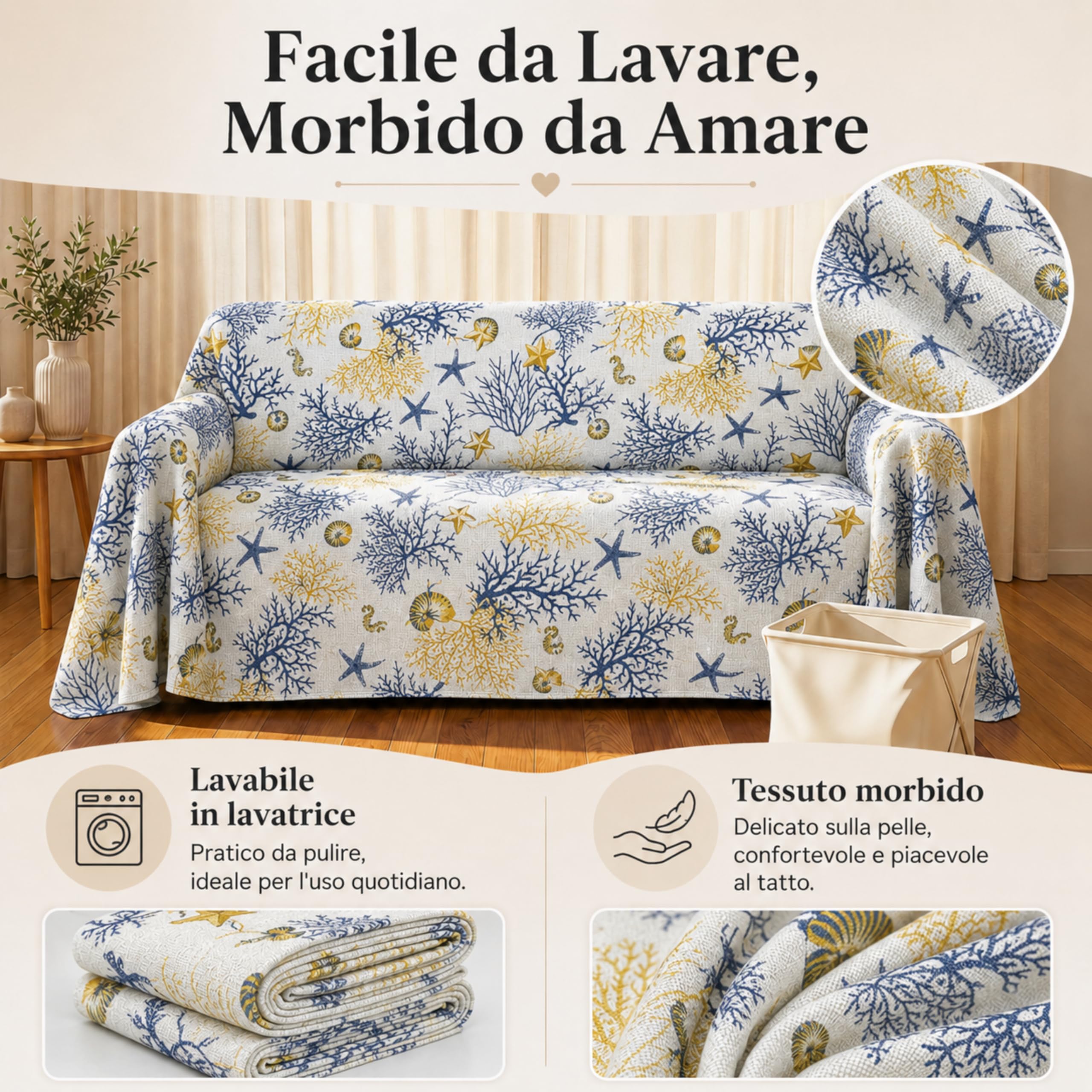 VKZ Copriletto Granfoulard 240 x 280 cm, Telo Copritutto Multiuso per Letto e Divano, Gran Foulard per Divano, Fantasia Coralli Rosso e Oro