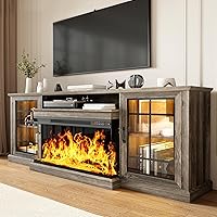 Vista 17 de MXV - Soporte de chimenea para TV de 59 pulgadas, centro de entretenimiento estilo granja con soporte de TV de 3 lados de vidrio, consola multimedia