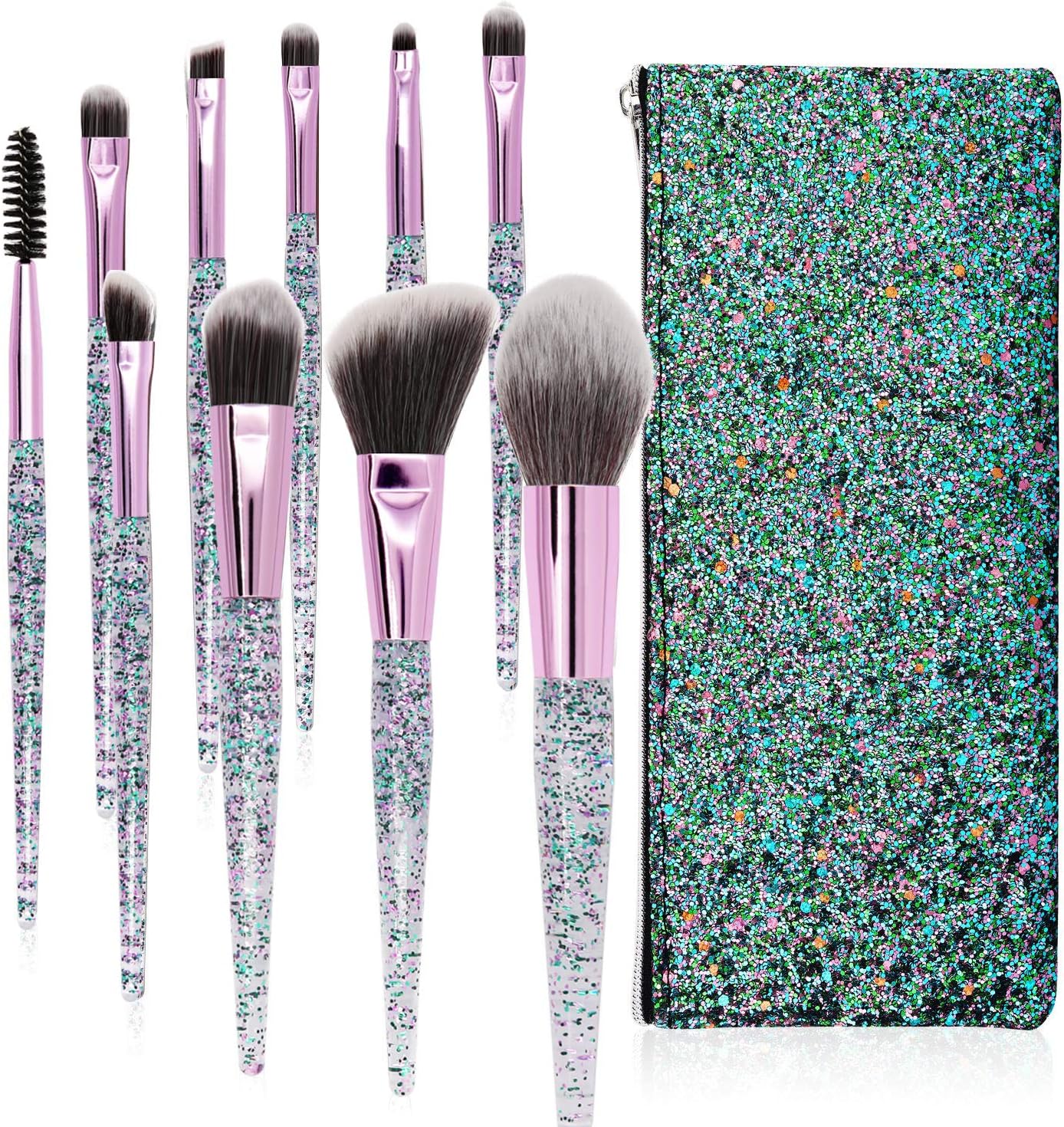 SEPROFE Makeup Brushes Crystal Glitter 10Pcs Synthetic Foundation Powder Concealers Eye Shadows Makeup Brush Sets with Makeup Bags
