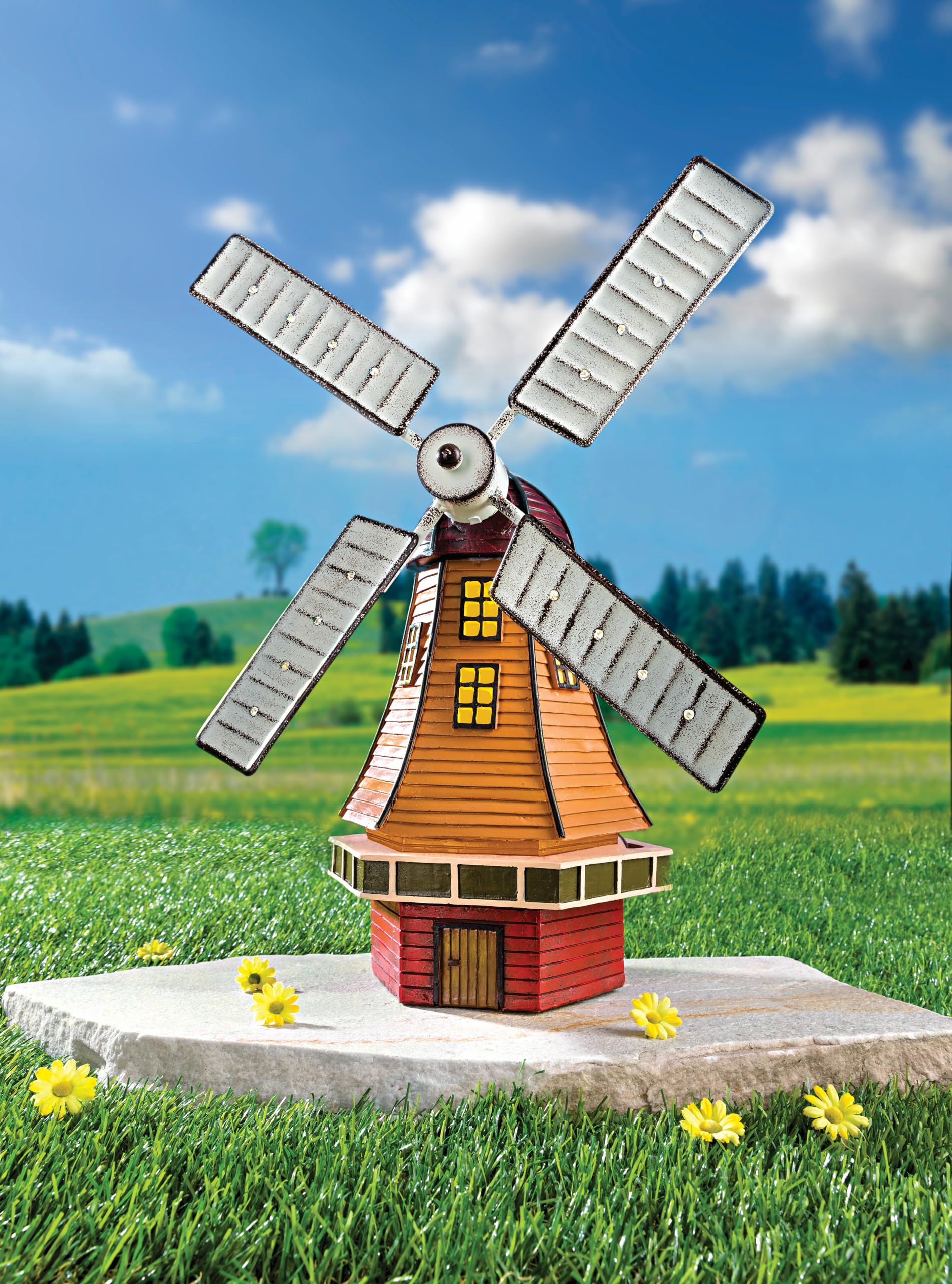 Coopers Of Stortford Brown - Solar Windmill - Rustic Garden Décor - 16 Led Lights For Evening Glow - Solar-Powered, No Batteries Or Wiring - Weather-Resistant Polyresin