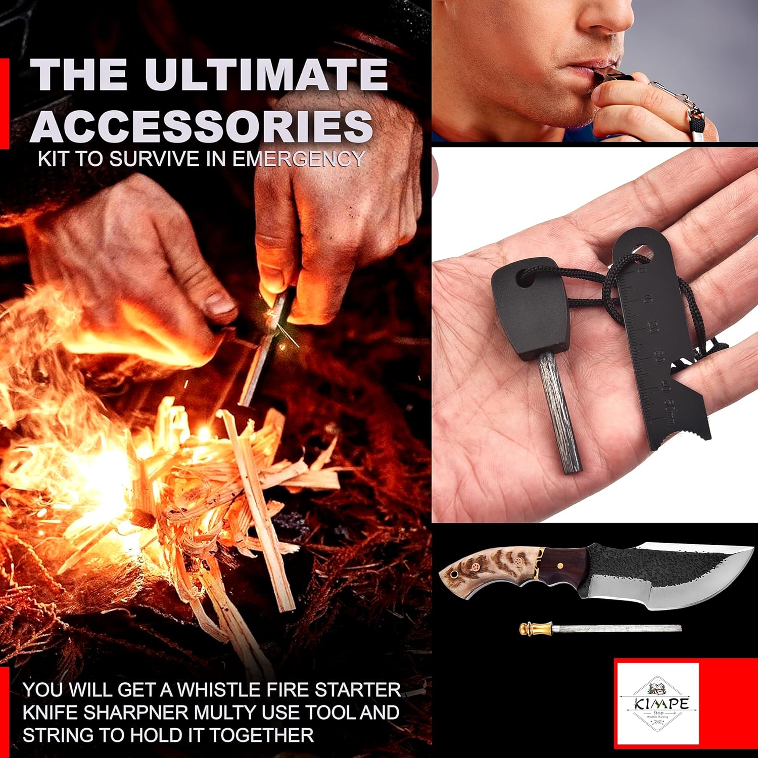 KIMPE 10" Handmade D2 Steel Tracker Knife-Survival & Hunting Knife with Holster-Full Tang Fixed Blade Knive with Ram Horn Handle-Knives for men.(D2 Ram Horn)