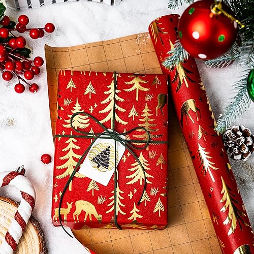 Miniatura 88 de Yarcony Papel kraft de regalo de Navidad, papel de regalo negro, árboles de Navidad de lujo, renos, copos de nieve, papel de estraza resistente