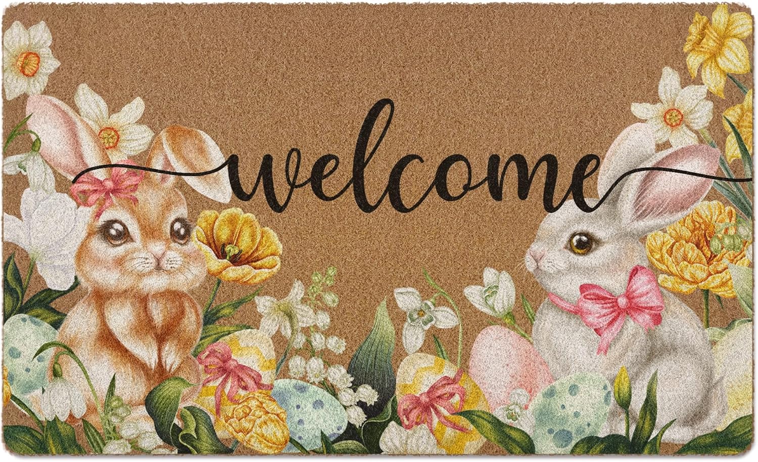 Easter Bunny Floral Door Mat, Bunny Rabbit Flower Welcome Front Door Mat Indoor Outdoor Entrance, Easter Artificial Coir Doormats Rugs for Porch Entryway Decor 30x17in
