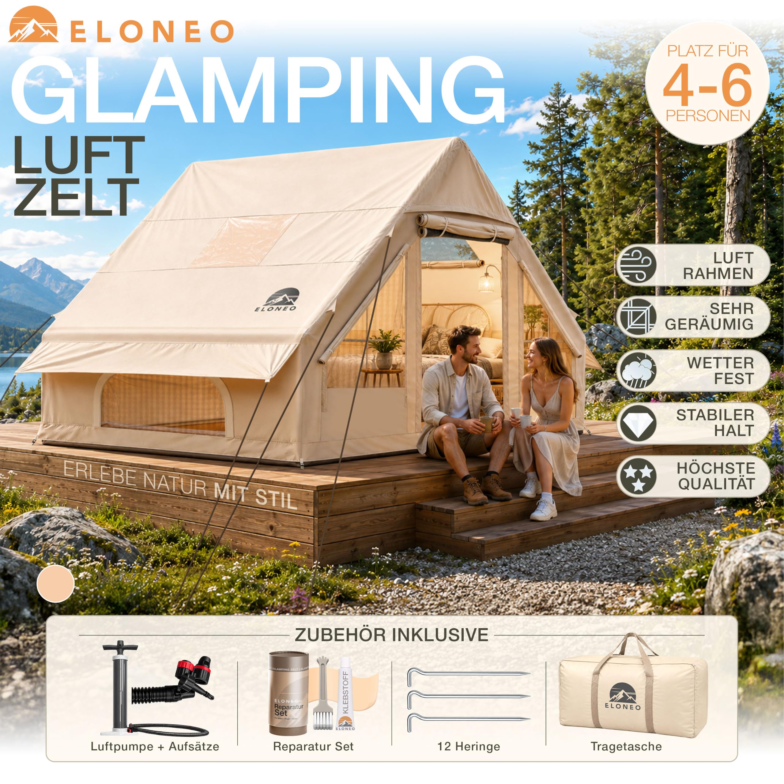 ELONEO namiot dmuchany dla 2/4/6/8 osób z oknem dachowym i pompką, premium namiot glamping wodoodporny, namiot powietrzny, Inflatable Tent, namiot kempingowy, krem