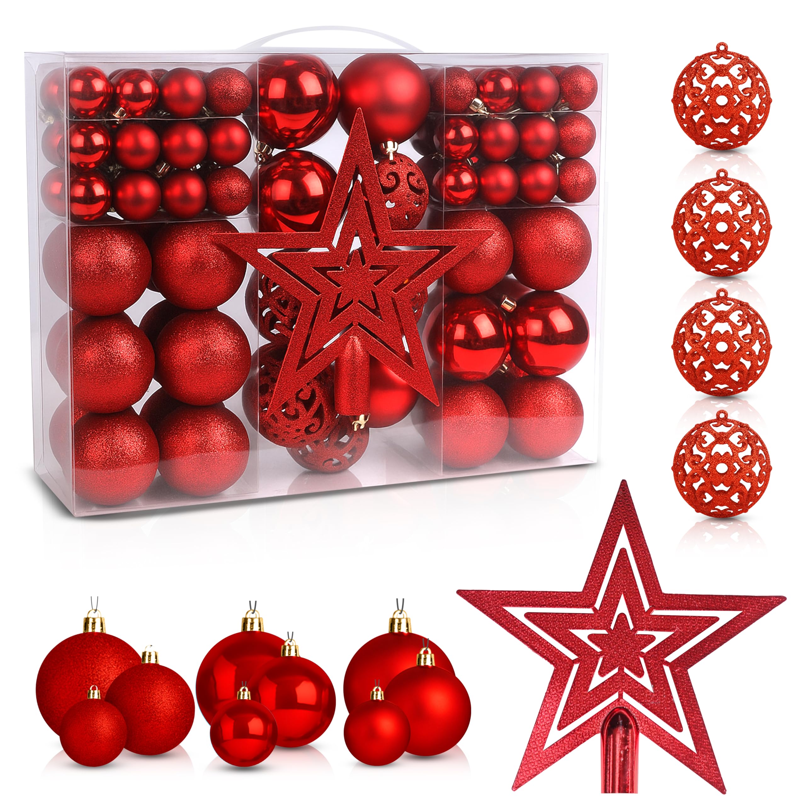 EcoNour Christmas Tree Baubles 100Pcs Red – Shatterproof Xmas Ornaments Balls Set for Christmas Decorations & Christmas Tree Decor