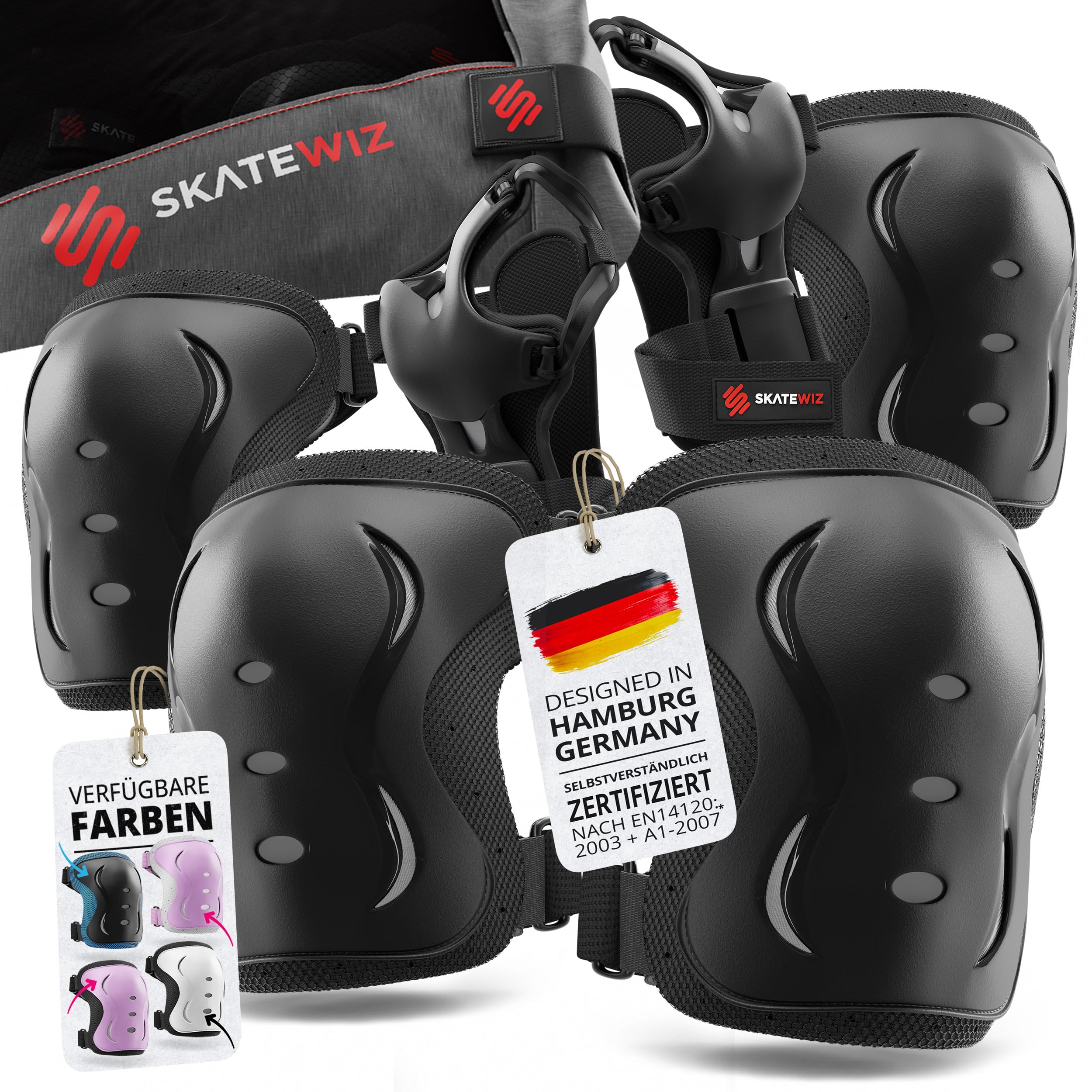 SKATEWIZ Knieschoner Kinder - Protektoren Kinder - Knieschoner Schützer - Knie und Ellenbogenschützer - Schoner Set - Impact Größe S Schwarz