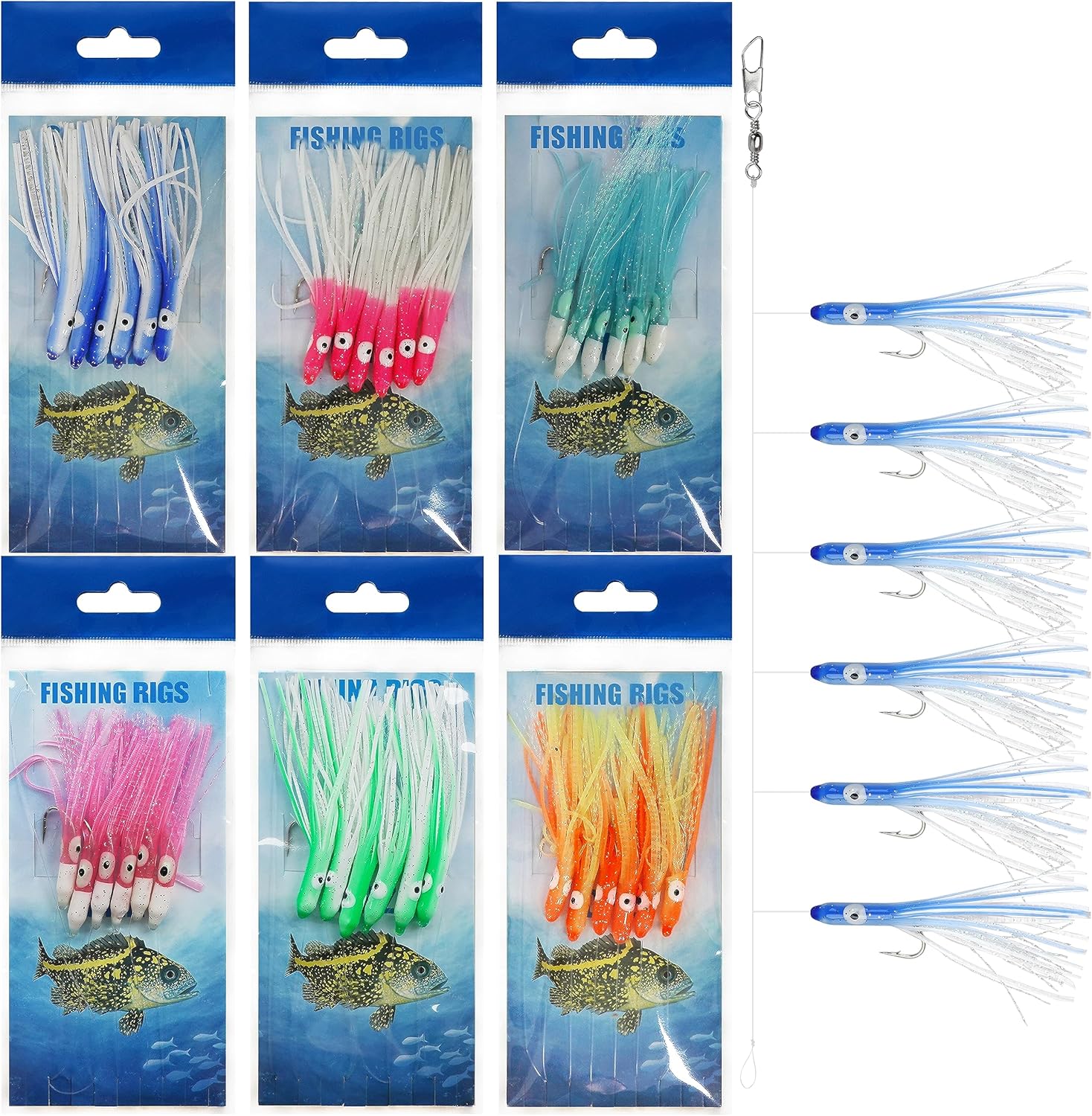 Fishing Bait Rigs Saltwater Set,6 Packs Surf Fishing Rigs with Glow Soft Squid