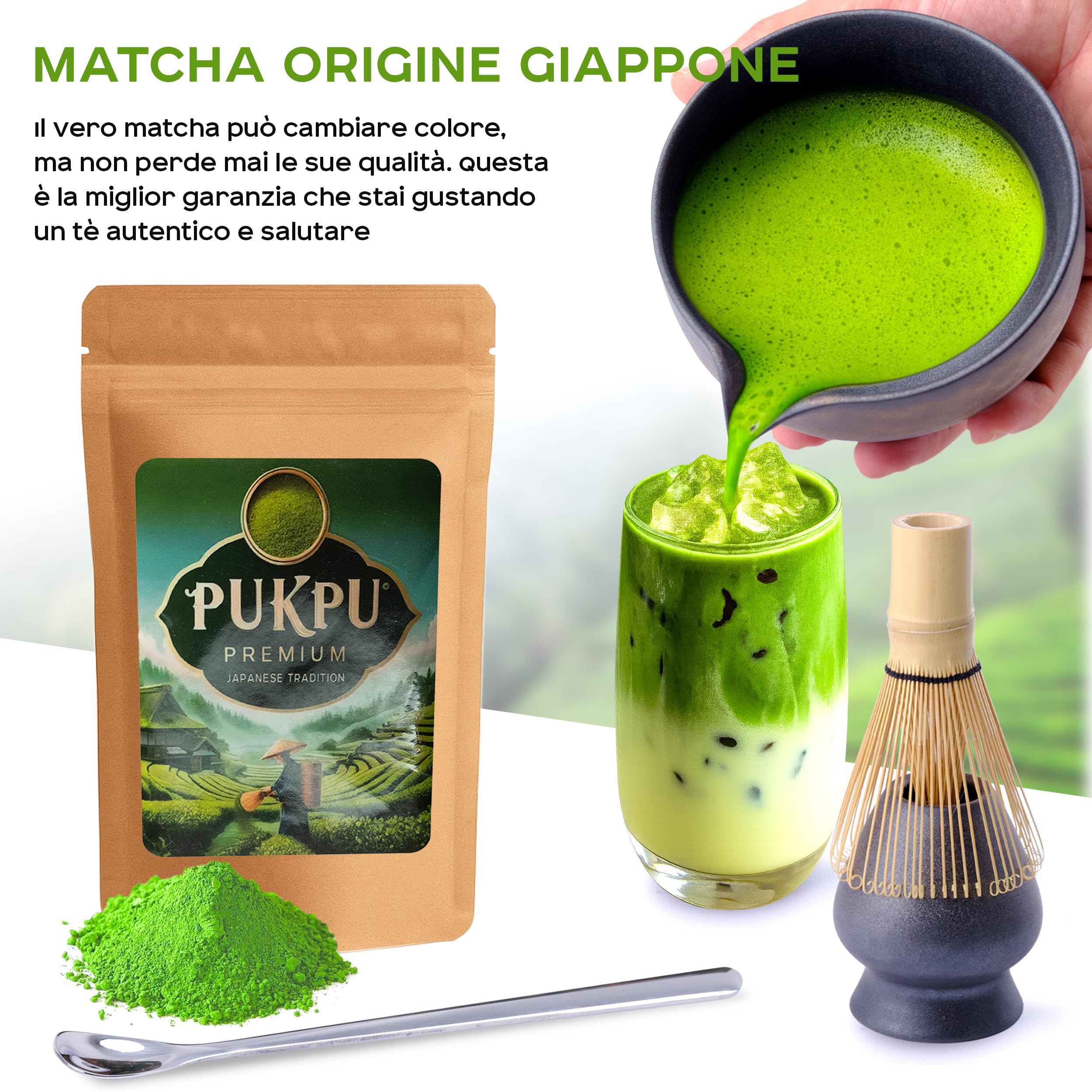 PUKPU Kit Matcha con Polvere – Set Matcha con Frusta Elettrica, Chasen Bambù, Cucchiaio Acciaio, Ciotola, Supporto Chasen & Cofanetto Regalo