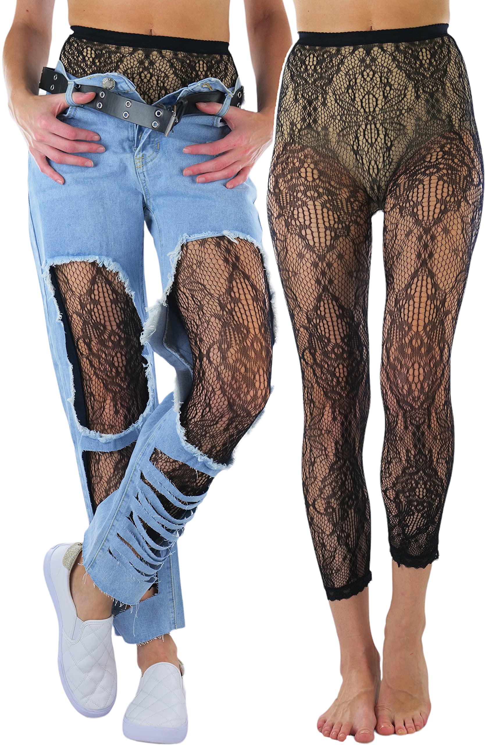 ToBeInStyle Women's Single Floral Lace Fishnet Tights Footless &amp; Stirrup Design