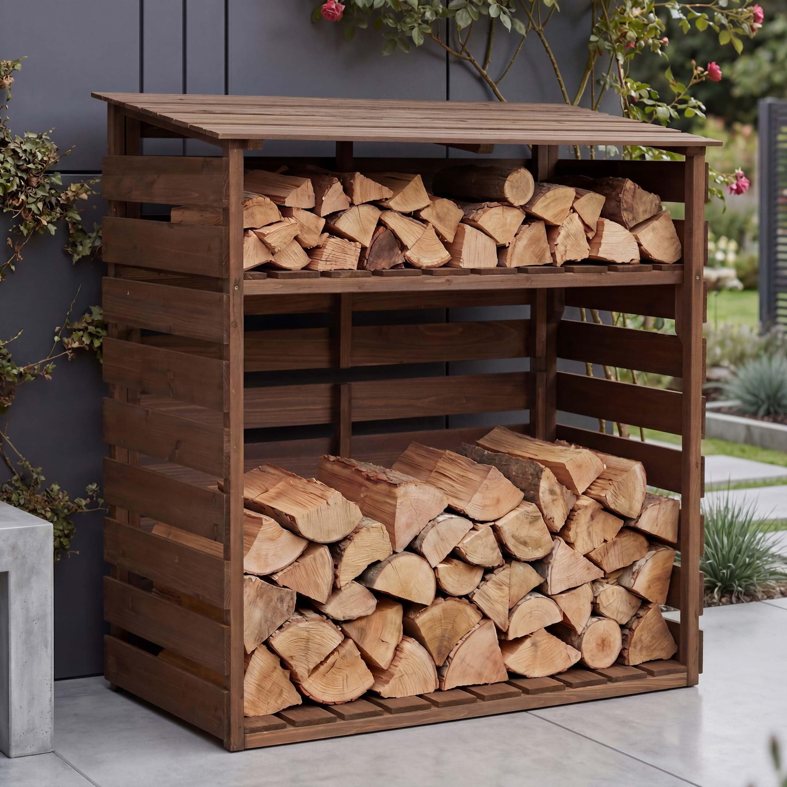 Mendler Legnaia HWC-Q16, riparo tettoia per legna da ardente, con ripiano, legno di abete MVG 121x122x61 cm - marrone scuro