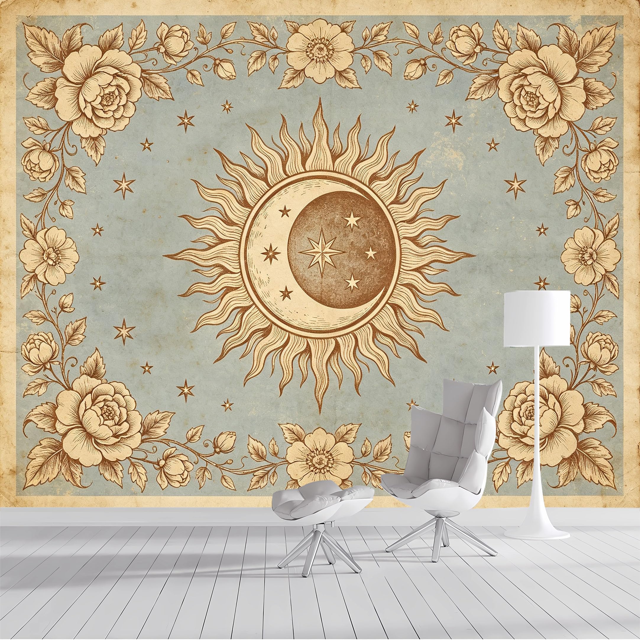 Yzpallescene Bh260711082 Custom Size Wall Mural Vintage Celestial Sun Moon Floral Selfadhesive Wall Fabric Removable Peel And Stick Wallpaper Wall Decor For Living Room Bedroom Bathroom