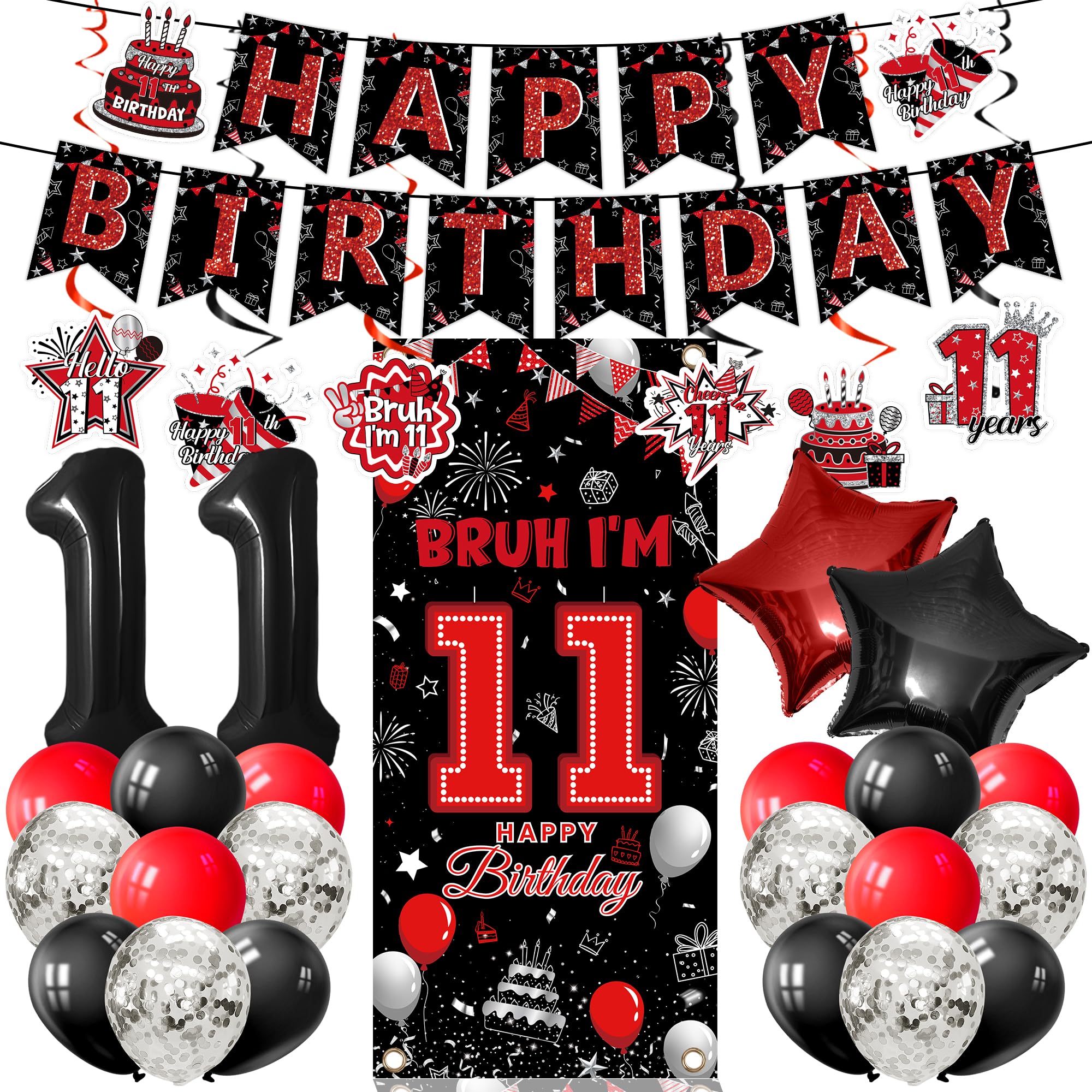 11th Birthday Decorations for Boys, 30 Pcs Red and Black Party Supplies, BRUH I’M 11 Banner, Balloons, Hanging Swirls for 11 Year Old Boy Teenage Party Decor