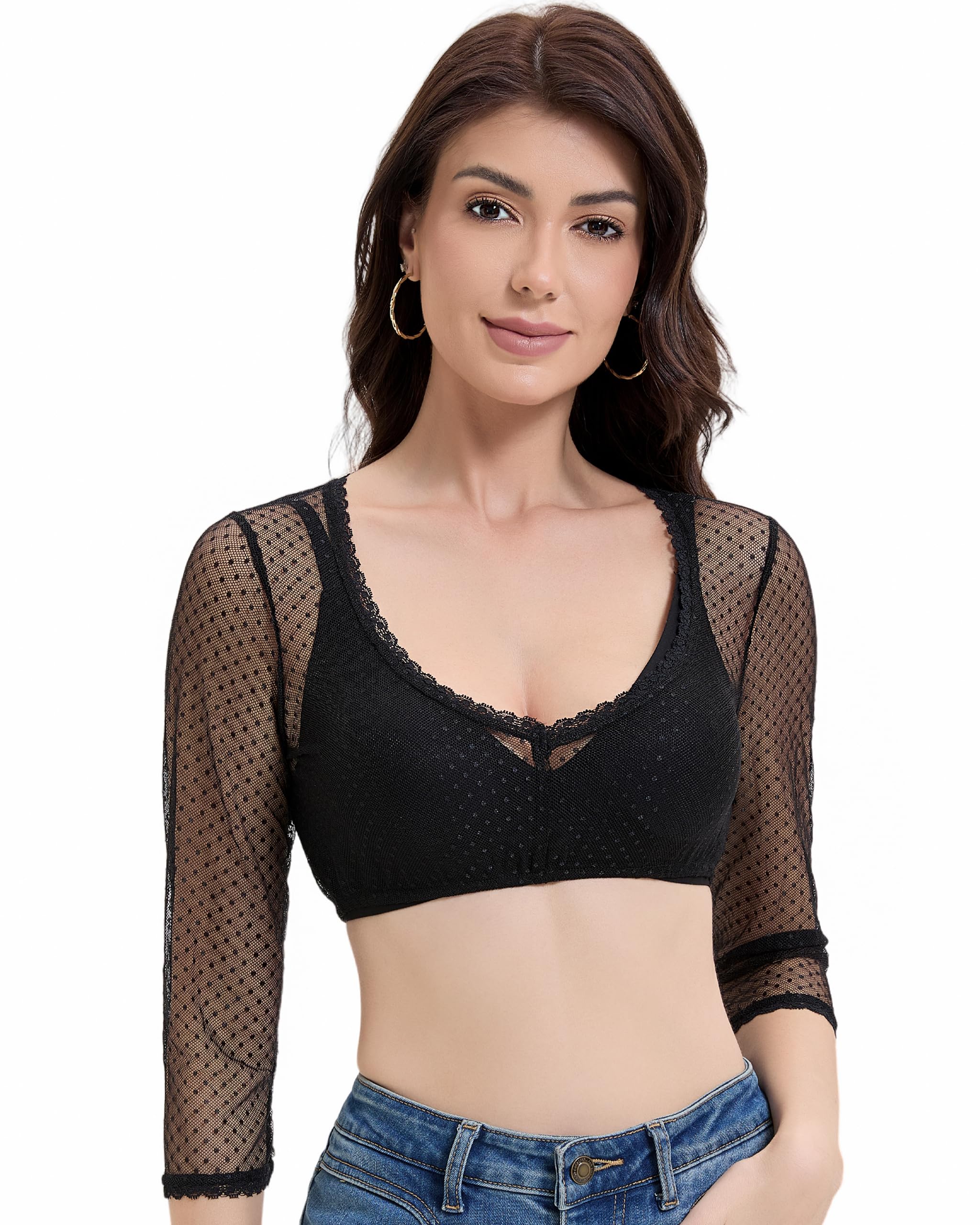 Trachtland Women's Black Dirndl Blouse Long Sleeve Traditional Blouse Oktoberfest Elegant Transparent With V Neck Size 34-44 (De/Nl/Se/Pl, Numeric, 38, Regular, Regular, )