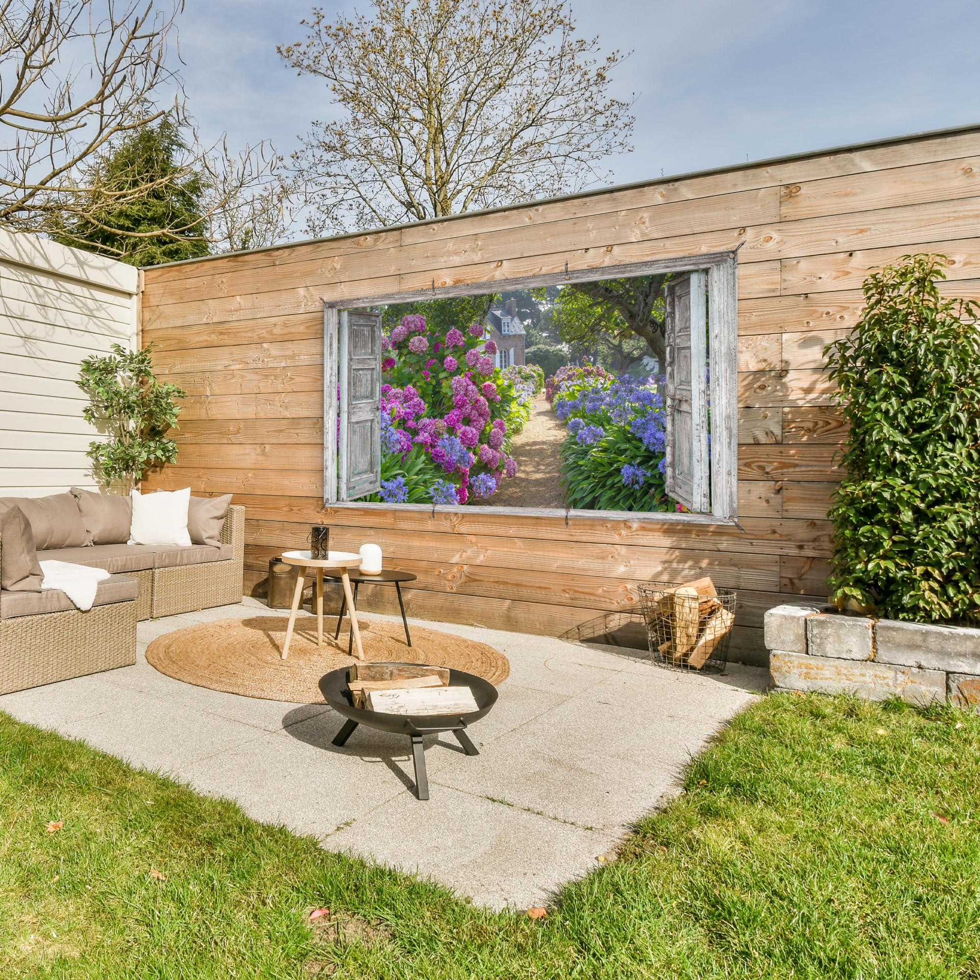 MuchoWow© Gartenposter Groß 200x100 cm XXL Outdoor Bilder Gartendeko für draußen Wetterfest Garten Deko Terrasendeko Banner Draußen Bild Dekoration Fensterblick - Hortensie - Blumen